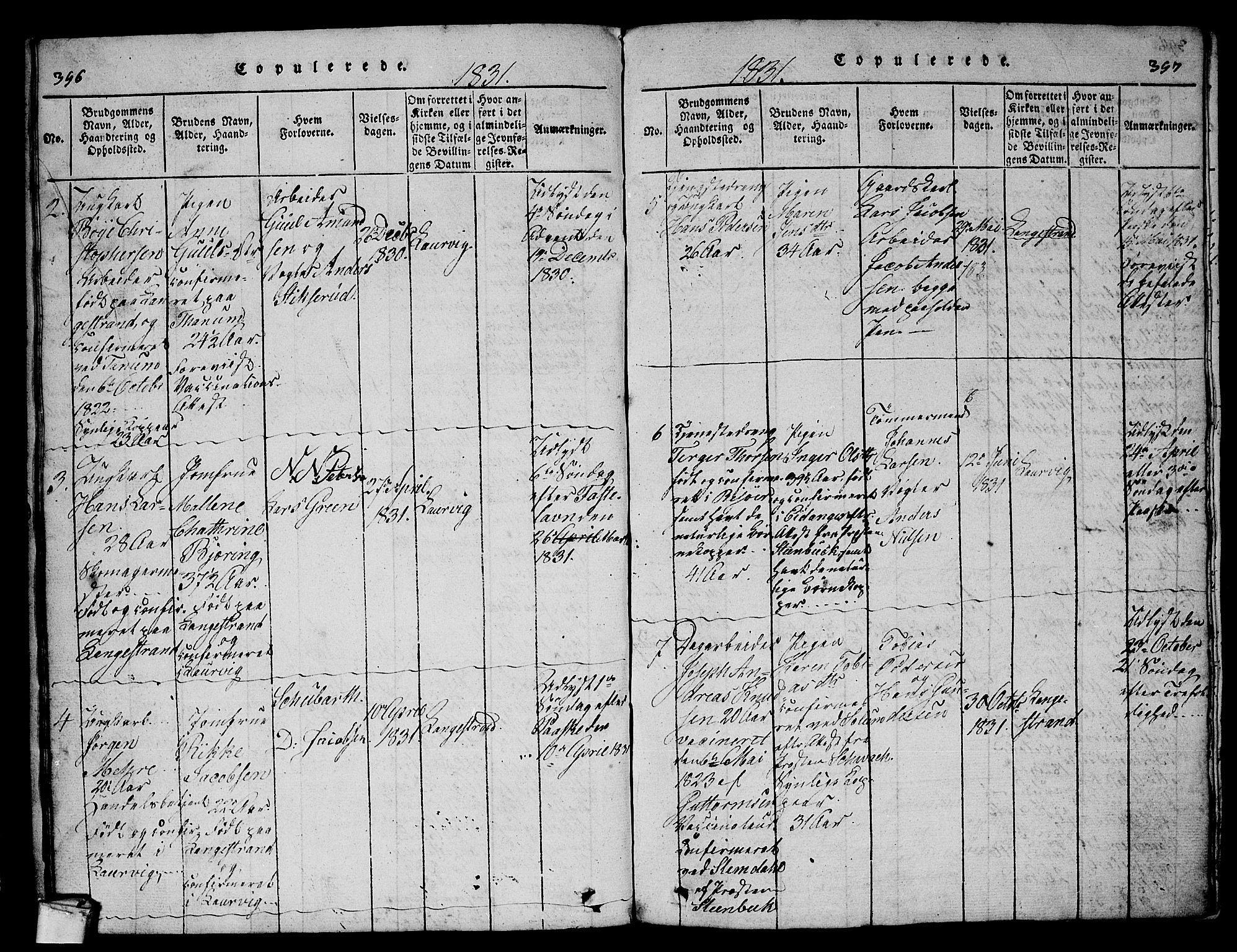 Larvik kirkebøker, AV/SAKO-A-352/G/Gb/L0001: Parish register (copy) no. II 1, 1818-1843, p. 396-397