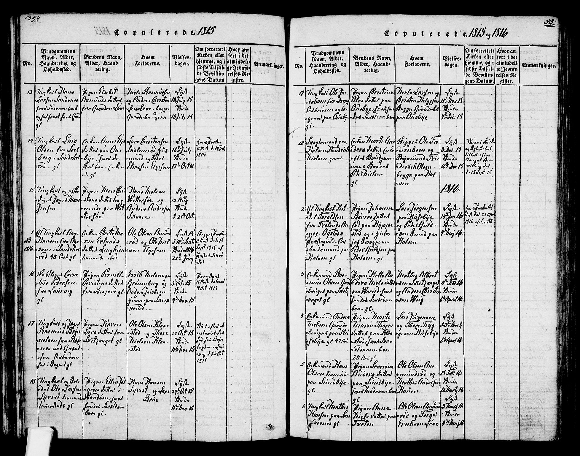 Tjølling kirkebøker, SAKO/A-60/F/Fa/L0005: Parish register (official) no. 5, 1814-1836, p. 394-395