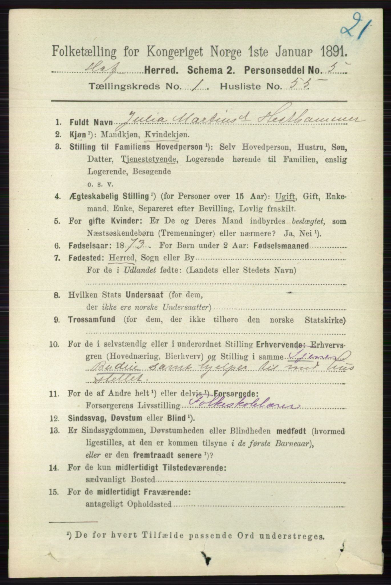 RA, 1891 census for 0714 Hof, 1891, p. 394