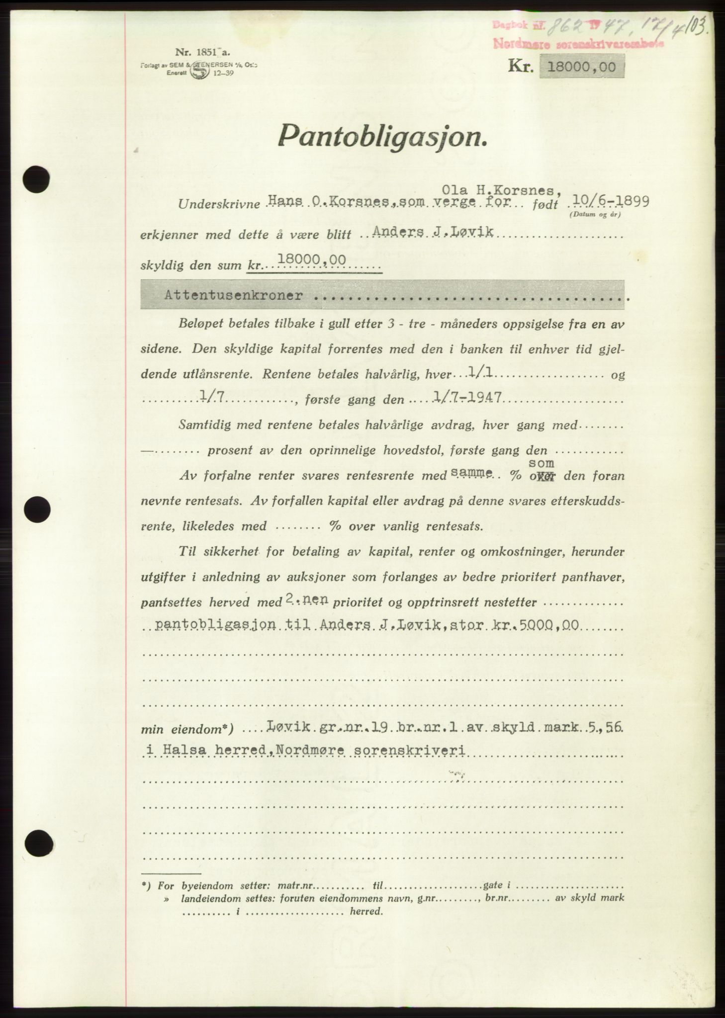 Nordmøre sorenskriveri, AV/SAT-A-4132/1/2/2Ca: Mortgage book no. B96, 1947-1947, Diary no: : 862/1947