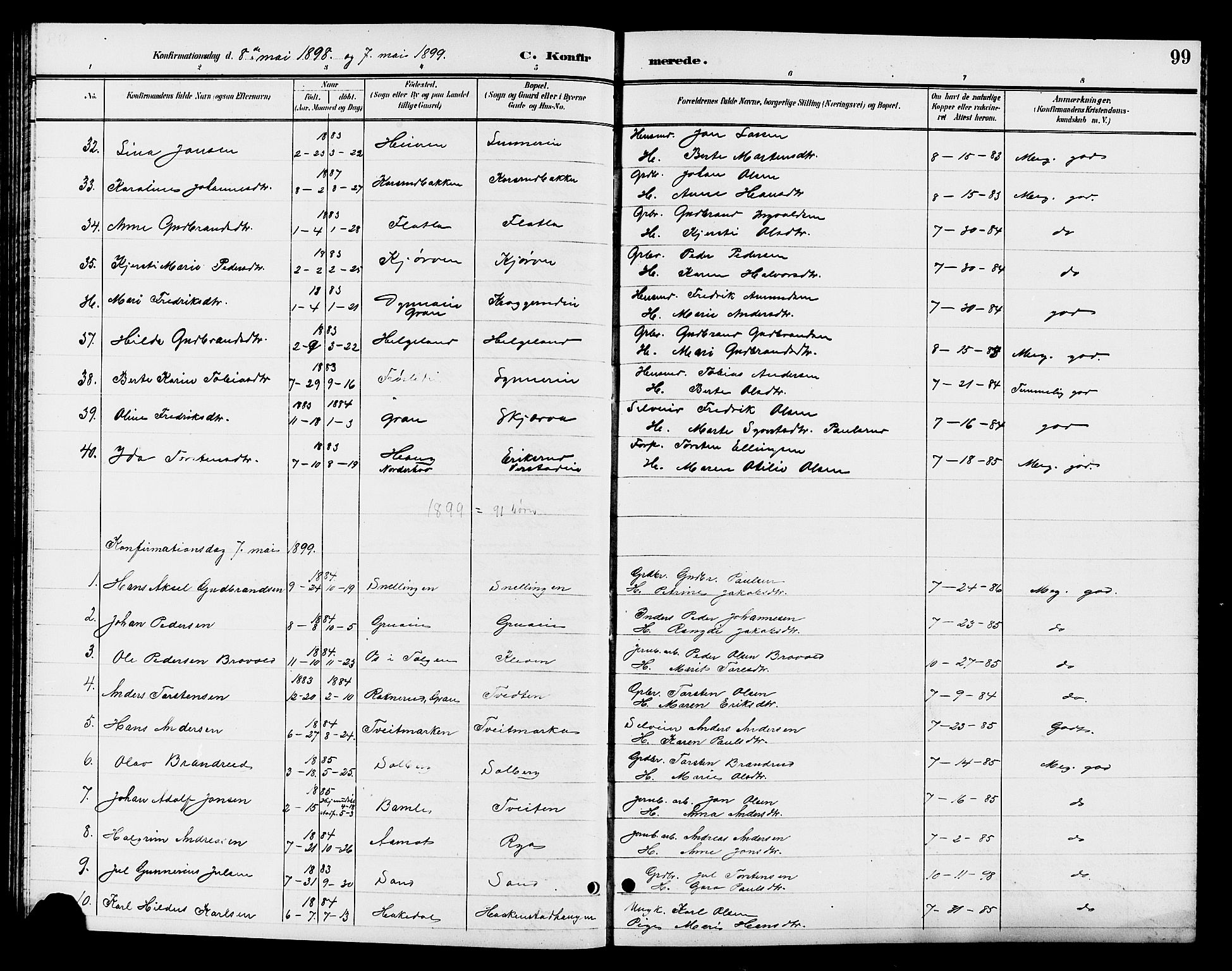 Jevnaker prestekontor, SAH/PREST-116/H/Ha/Hab/L0003: Parish register (copy) no. 3, 1896-1909, p. 99
