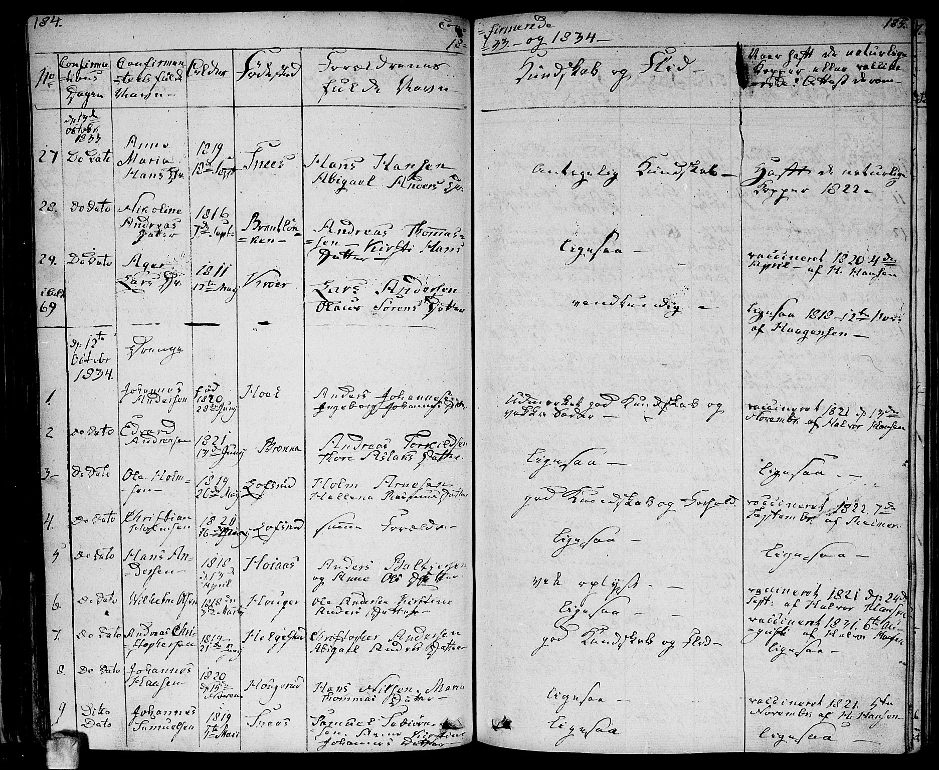 Ås prestekontor Kirkebøker, AV/SAO-A-10894/F/Fa/L0005: Parish register (official) no. I 5, 1827-1840, p. 184-185