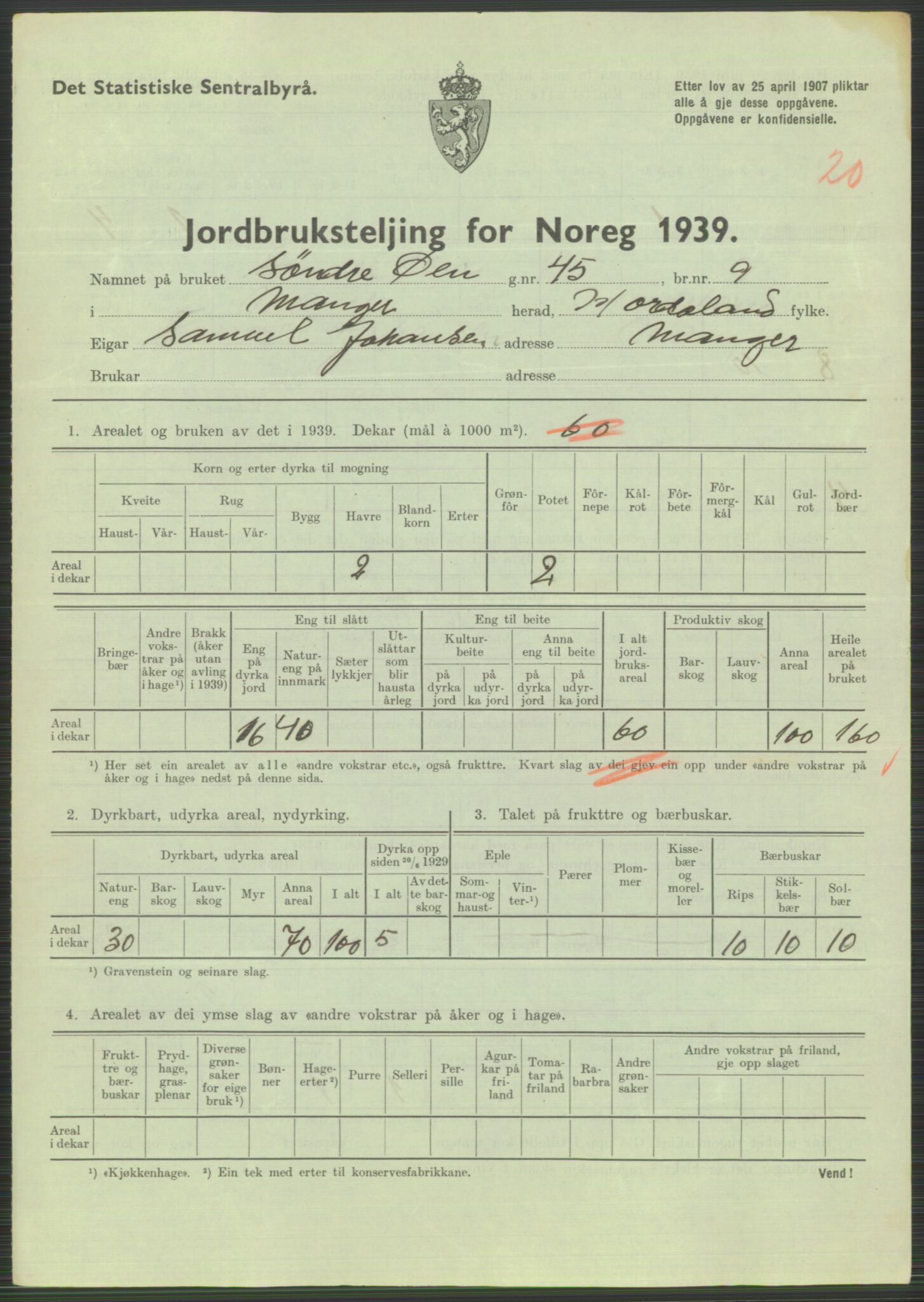 Statistisk sentralbyrå, Næringsøkonomiske emner, Jordbruk, skogbruk, jakt, fiske og fangst, AV/RA-S-2234/G/Gb/L0211: Hordaland: Herdla, Hjelme og Manger, 1939, p. 1753