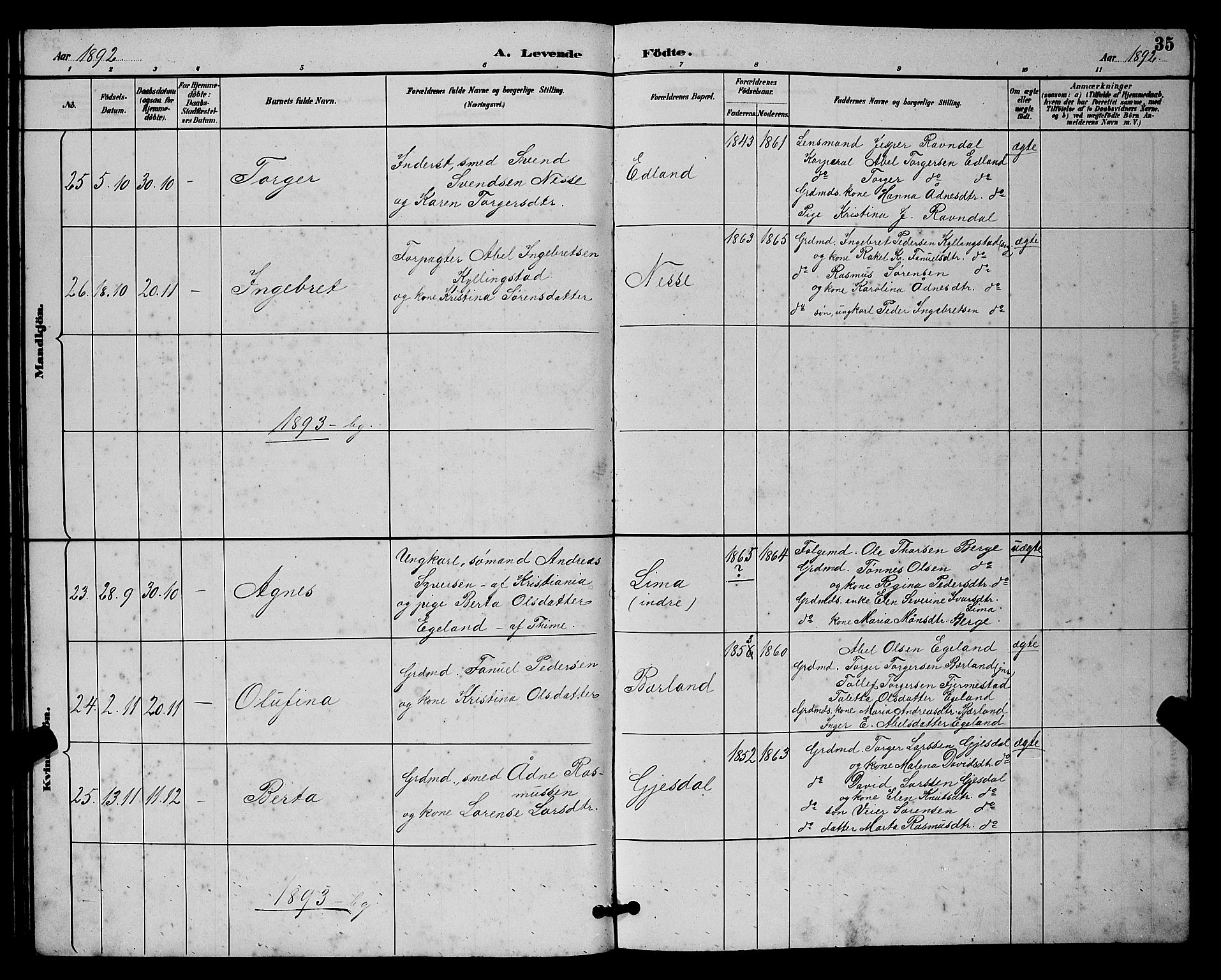 Lye sokneprestkontor, AV/SAST-A-101794/001/30BB/L0008: Parish register (copy) no. B 7, 1887-1901, p. 35