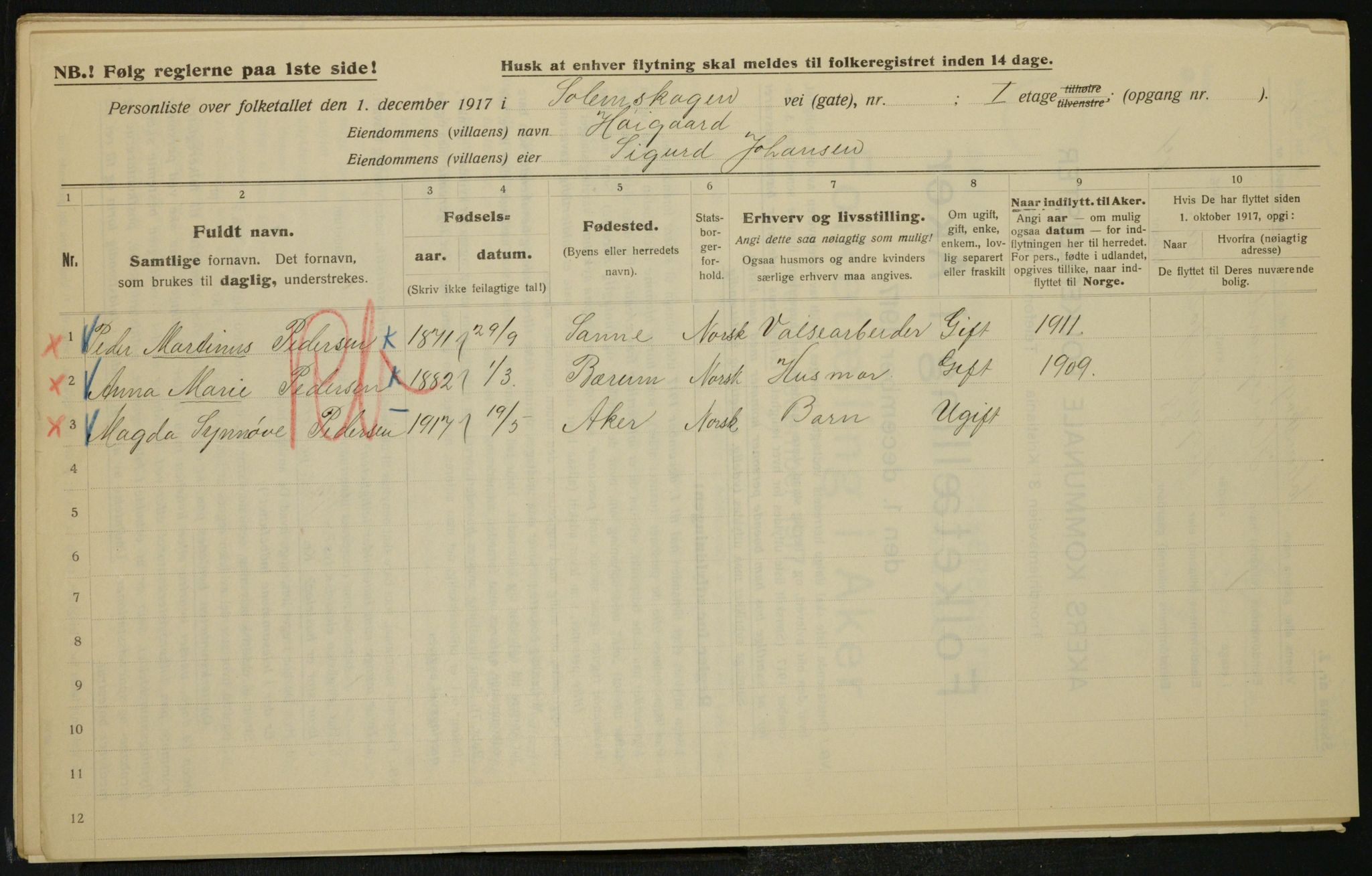 OBA, Municipal Census 1917 for Aker, 1917, p. 14004