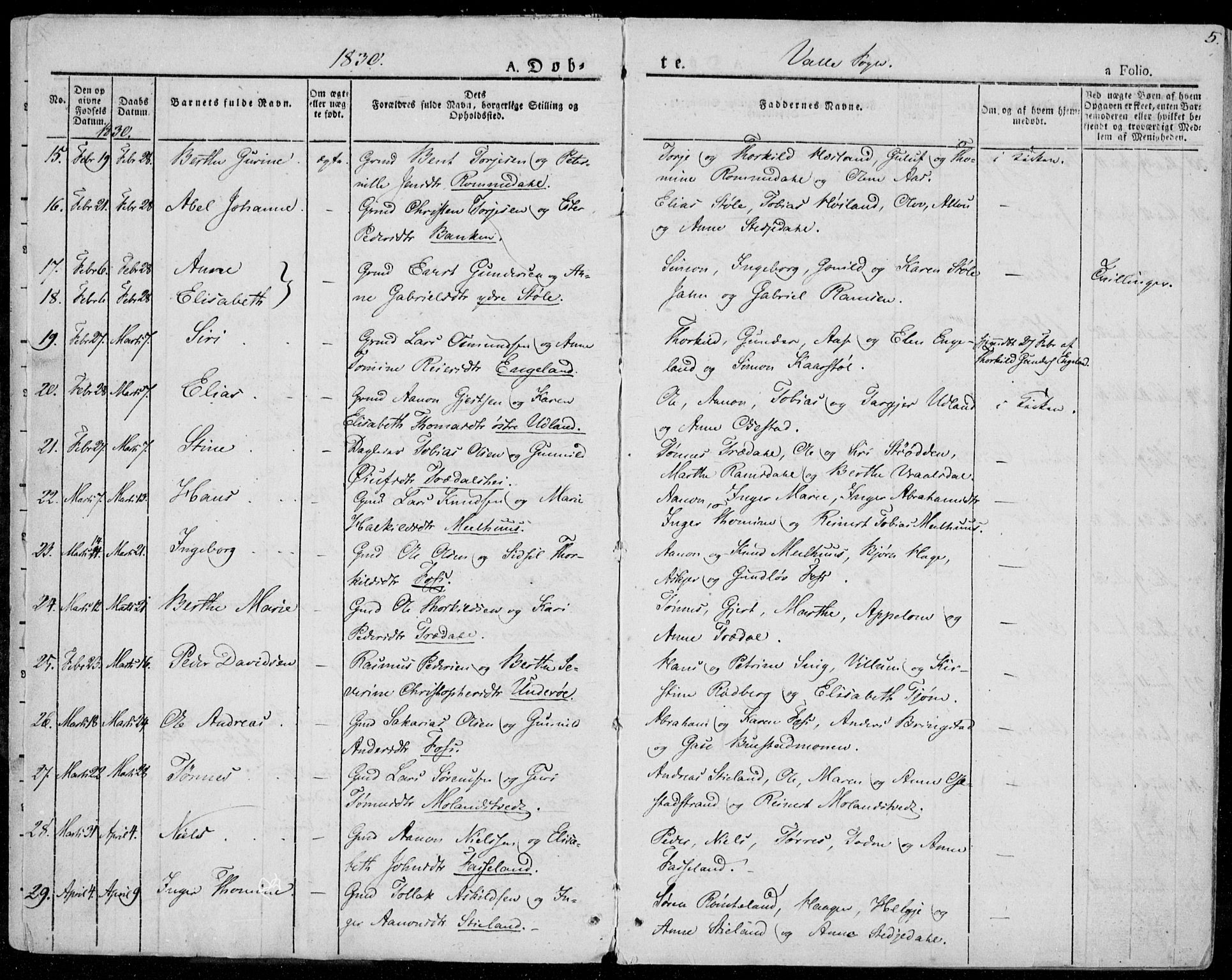 Sør-Audnedal sokneprestkontor, AV/SAK-1111-0039/F/Fa/Fab/L0006: Parish register (official) no. A 6, 1829-1855, p. 5