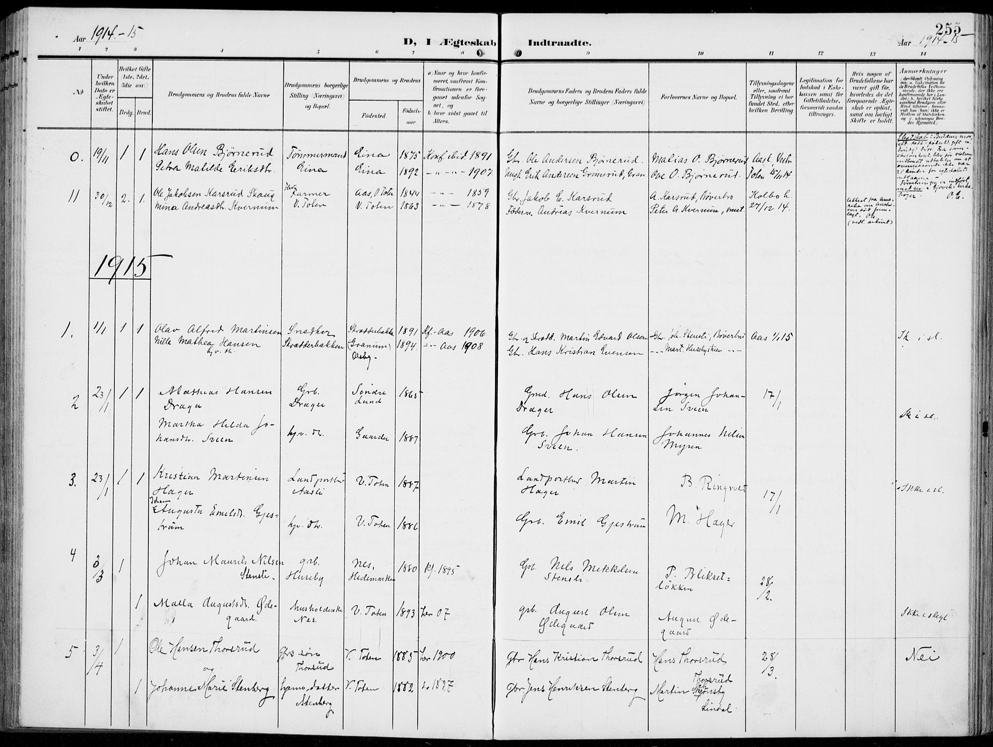 Vestre Toten prestekontor, SAH/PREST-108/H/Ha/Haa/L0014: Parish register (official) no. 14, 1907-1920, p. 255