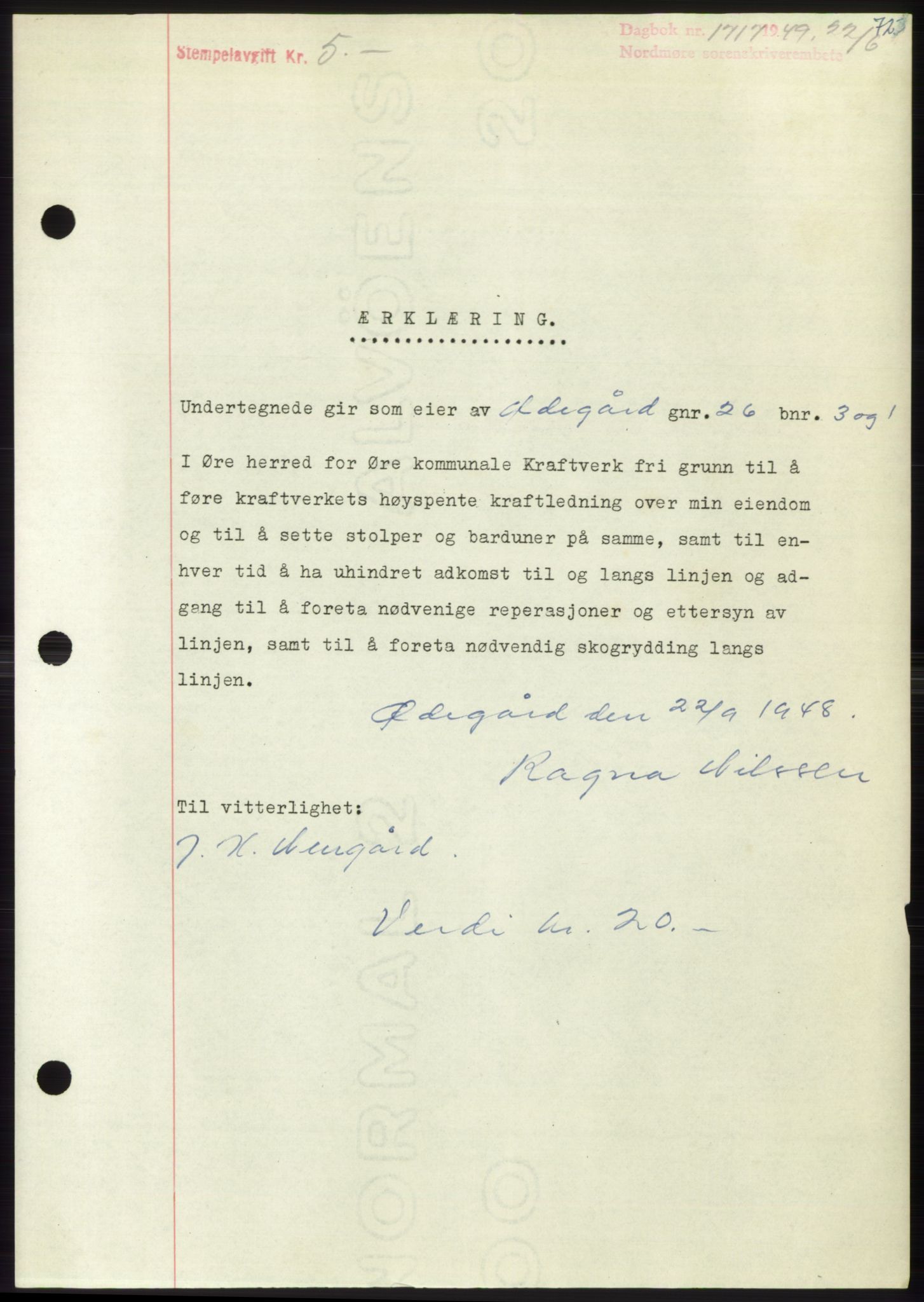 Nordmøre sorenskriveri, AV/SAT-A-4132/1/2/2Ca: Mortgage book no. B101, 1949-1949, Diary no: : 1717/1949