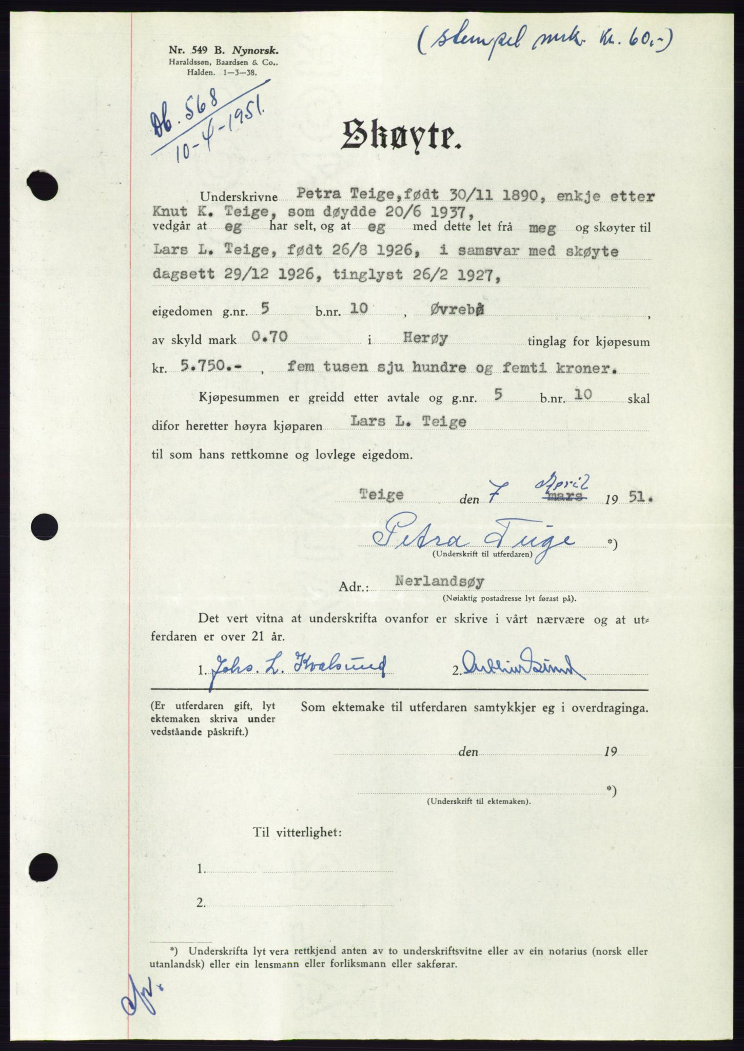 Søre Sunnmøre sorenskriveri, AV/SAT-A-4122/1/2/2C/L0089: Mortgage book no. 15A, 1951-1951, Diary no: : 568/1951