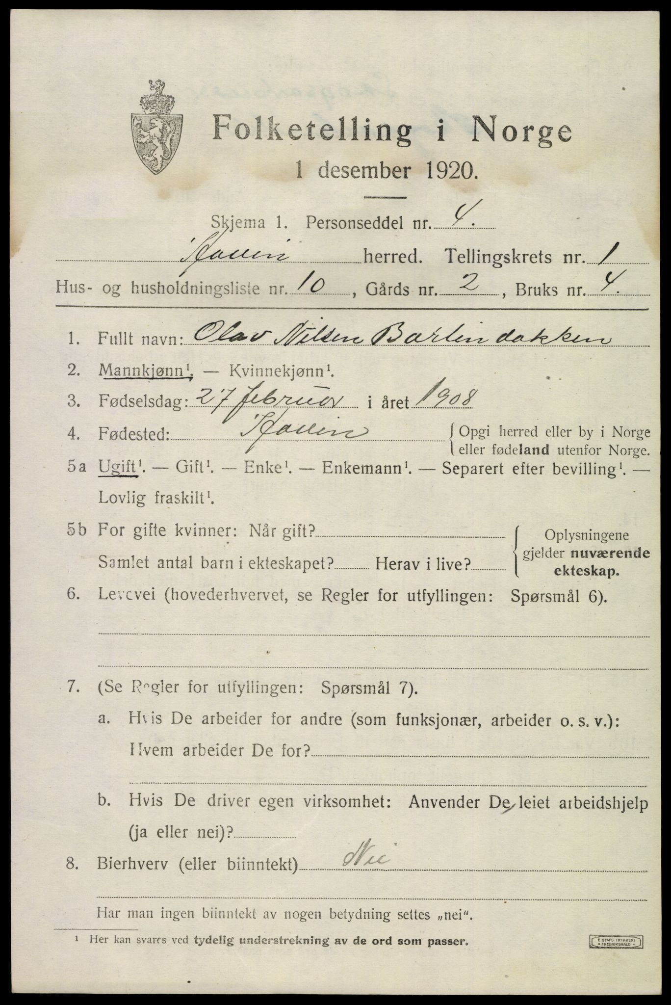 SAKO, 1920 census for Hovin, 1920, p. 471