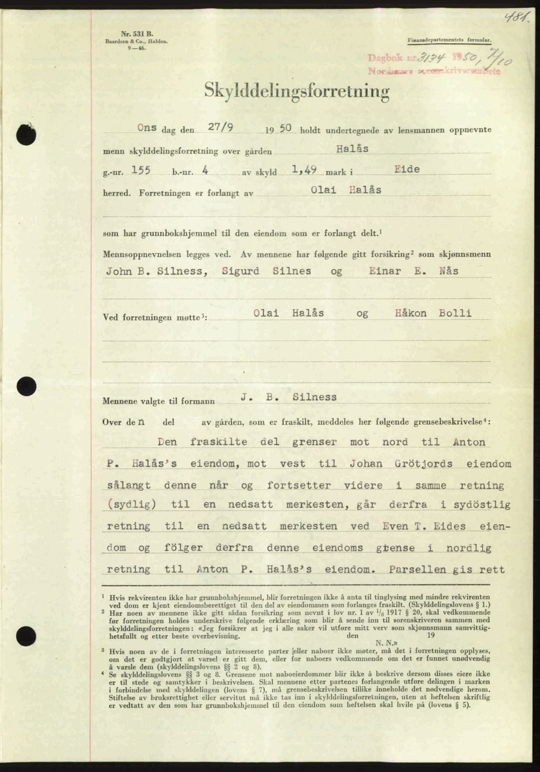 Nordmøre sorenskriveri, AV/SAT-A-4132/1/2/2Ca: Mortgage book no. A116, 1950-1950, Diary no: : 3134/1950