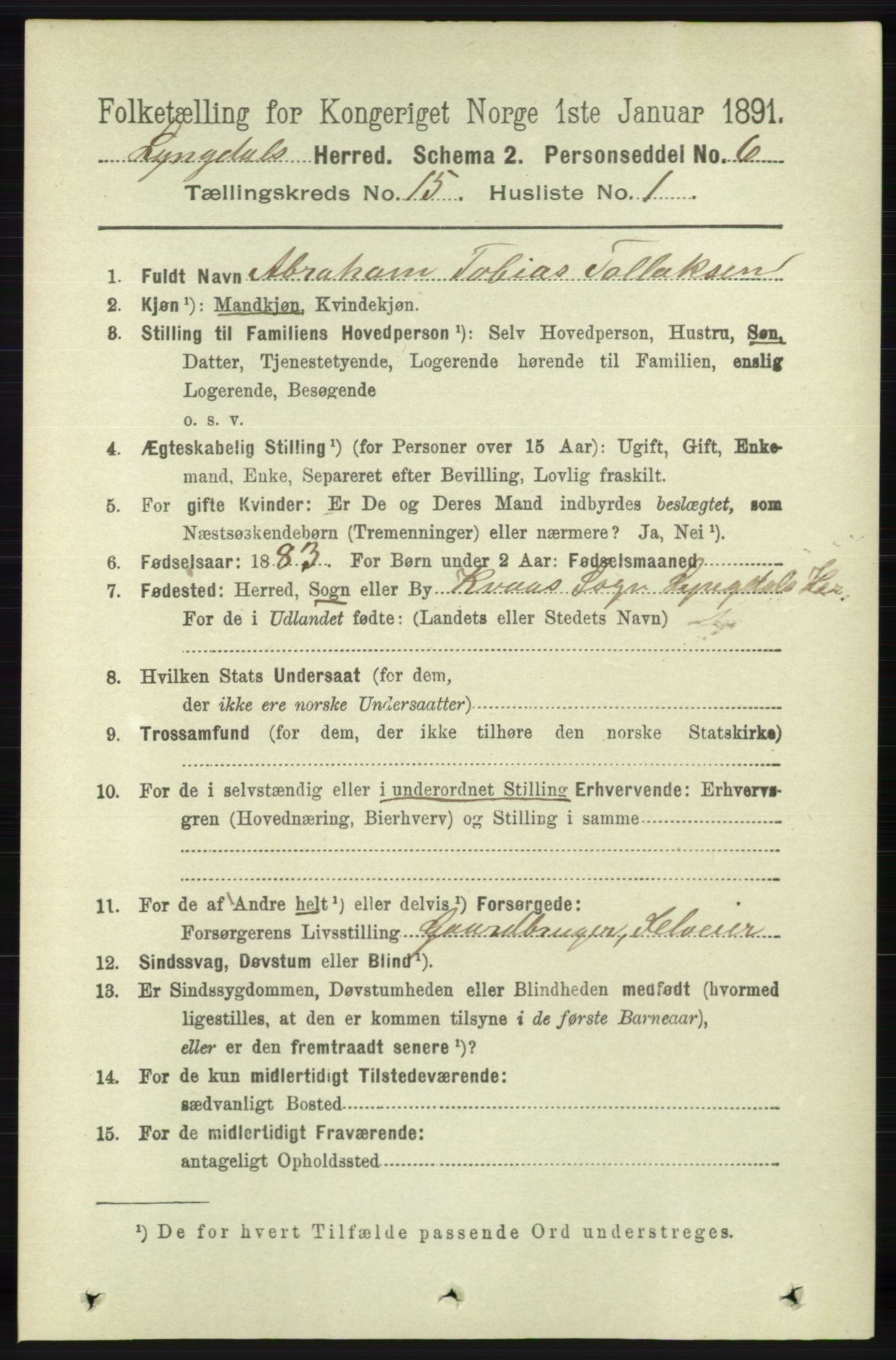 RA, 1891 census for 1032 Lyngdal, 1891, p. 6065