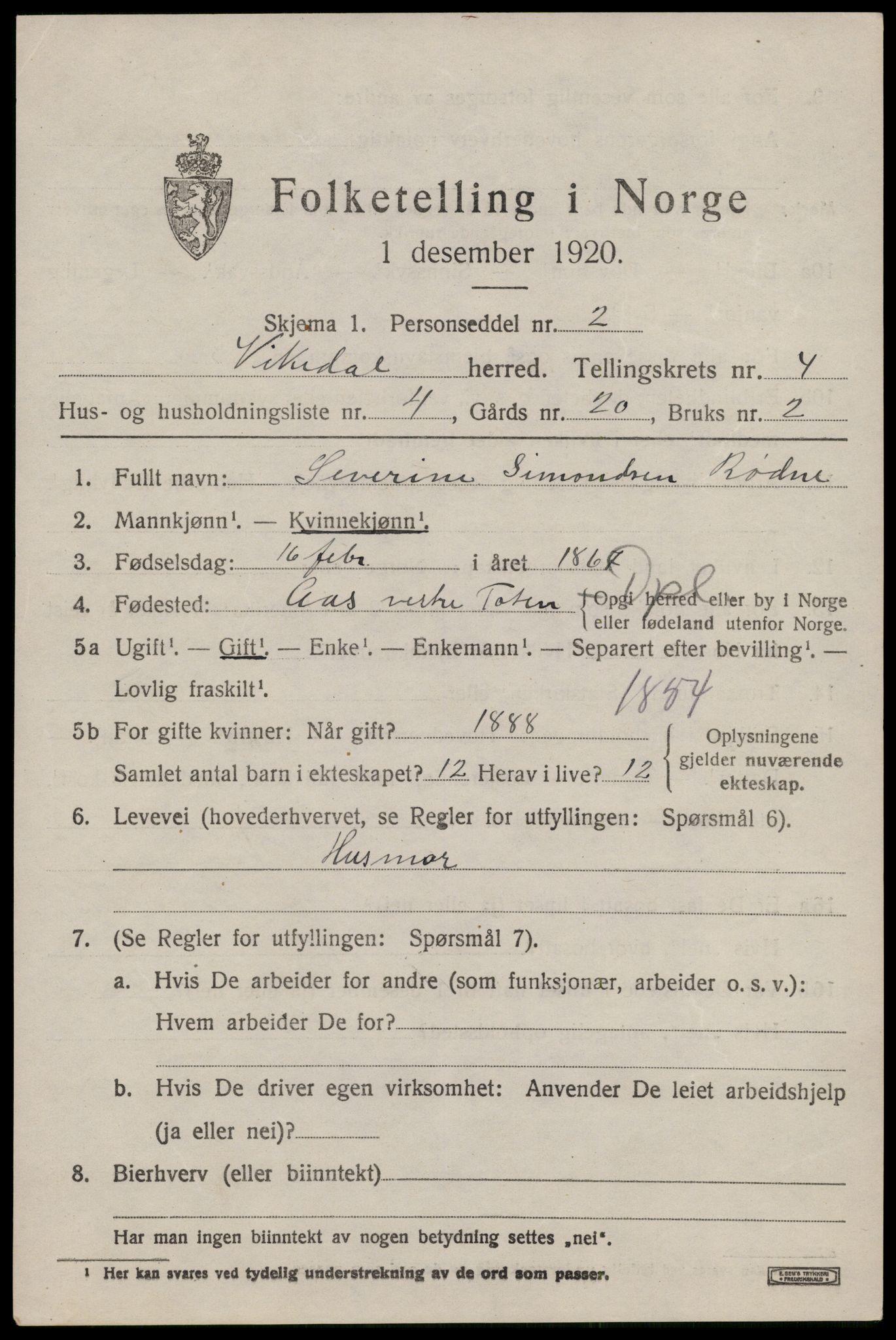 SAST, 1920 census for Vikedal, 1920, p. 2087