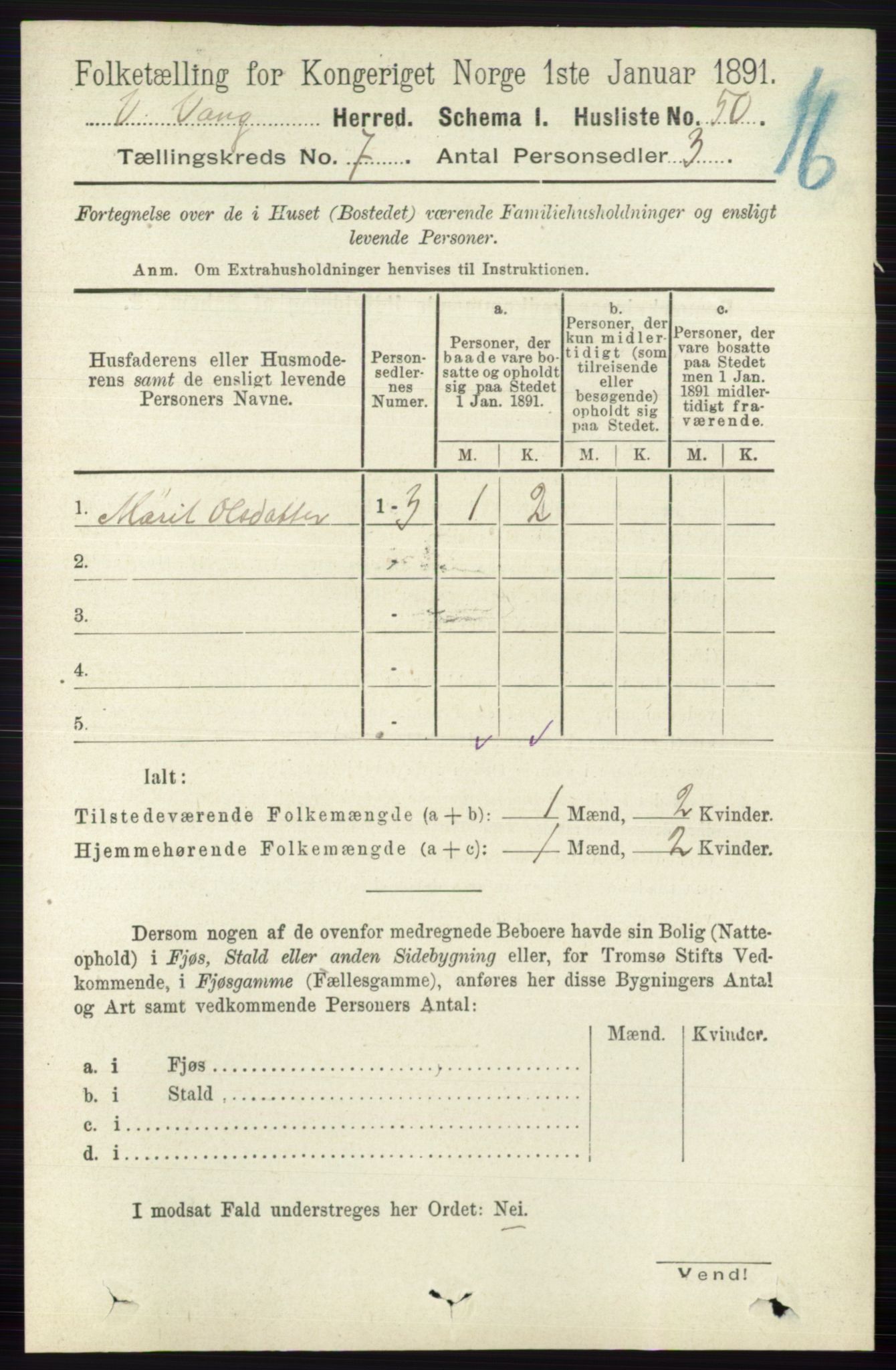 RA, 1891 census for 0545 Vang, 1891, p. 1413