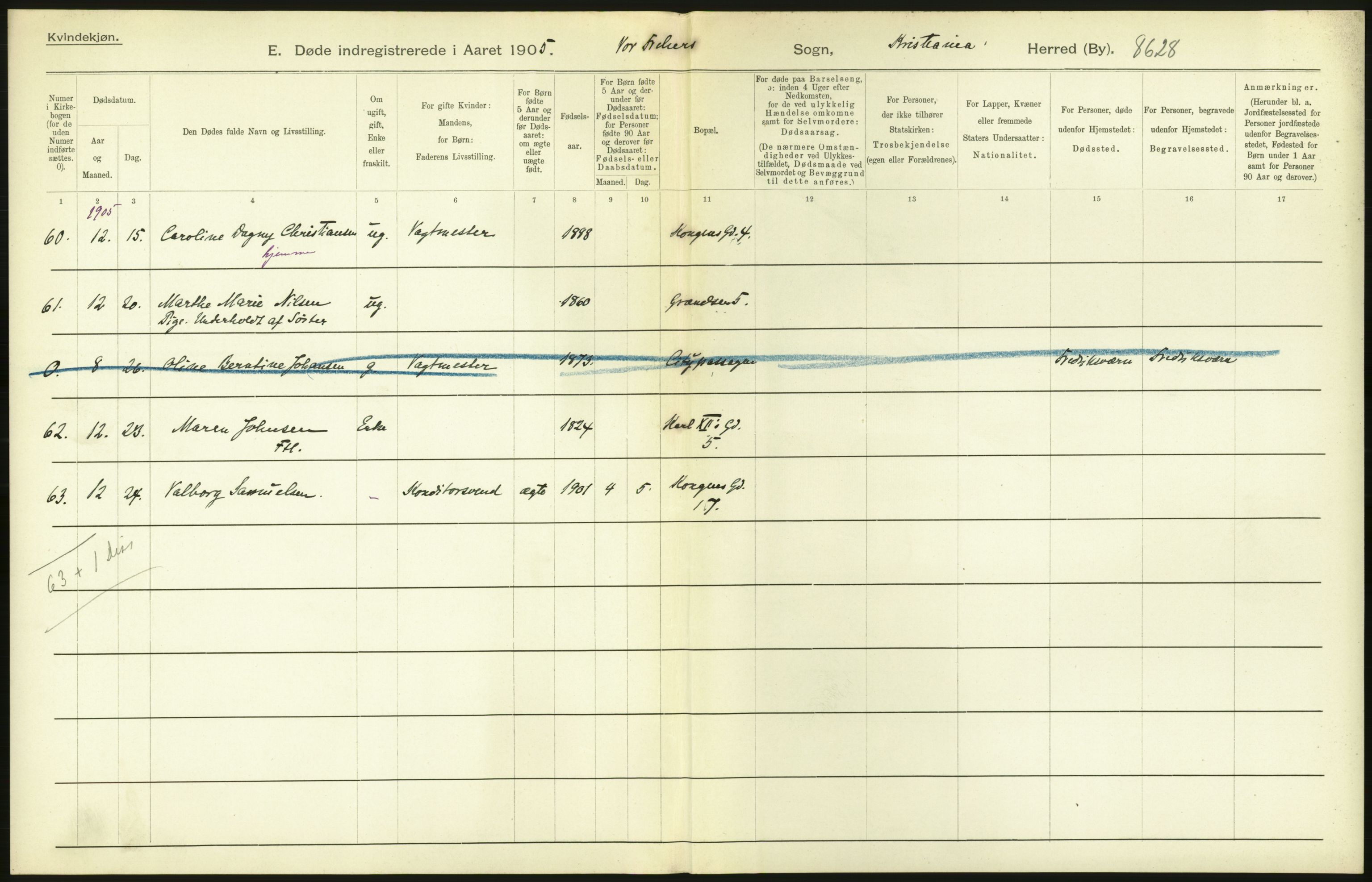 Statistisk sentralbyrå, Sosiodemografiske emner, Befolkning, RA/S-2228/D/Df/Dfa/Dfac/L0007a: Kristiania: Døde, dødfødte., 1905, p. 608