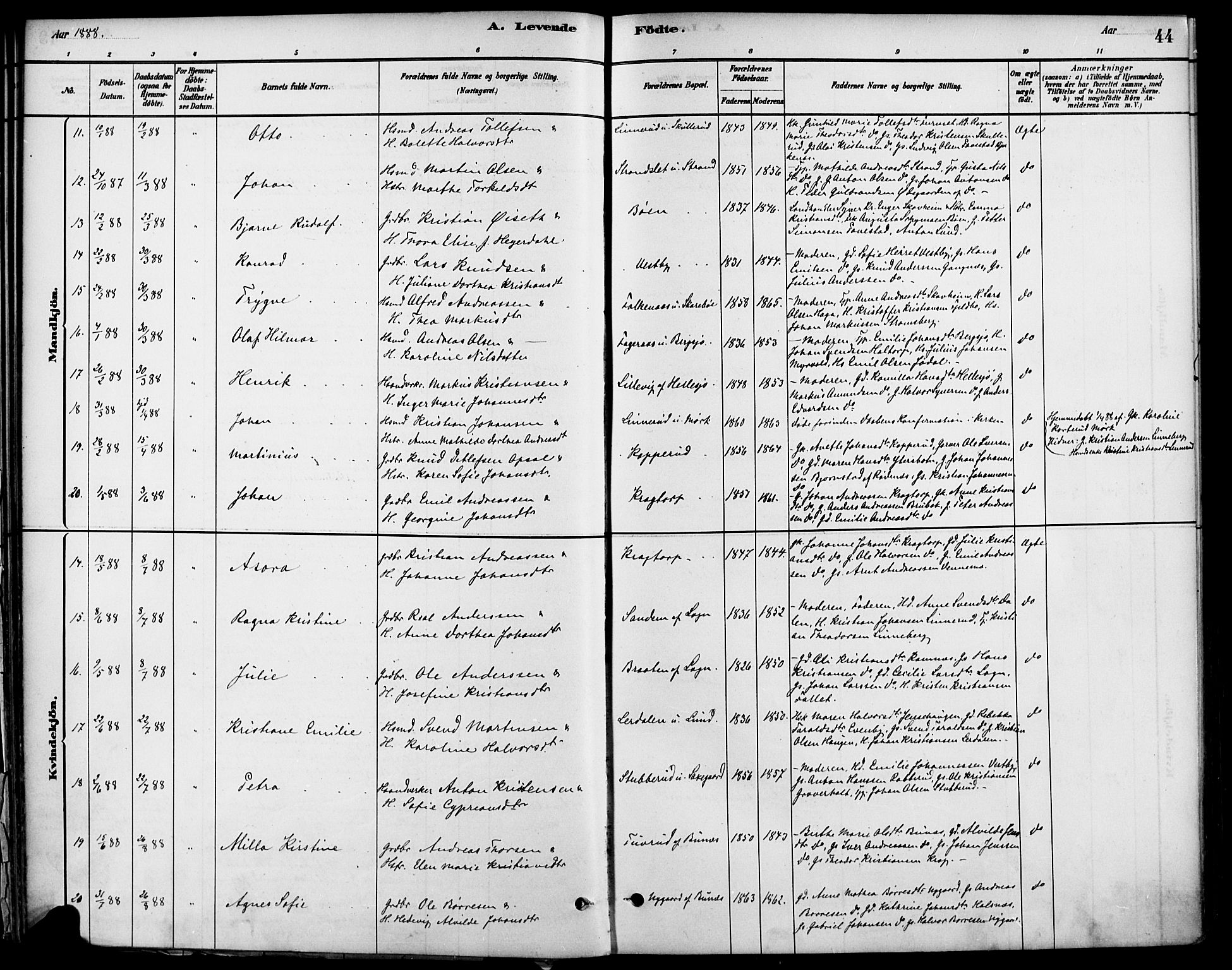 Høland prestekontor Kirkebøker, AV/SAO-A-10346a/F/Fb/L0001: Parish register (official) no. II 1, 1880-1897, p. 44