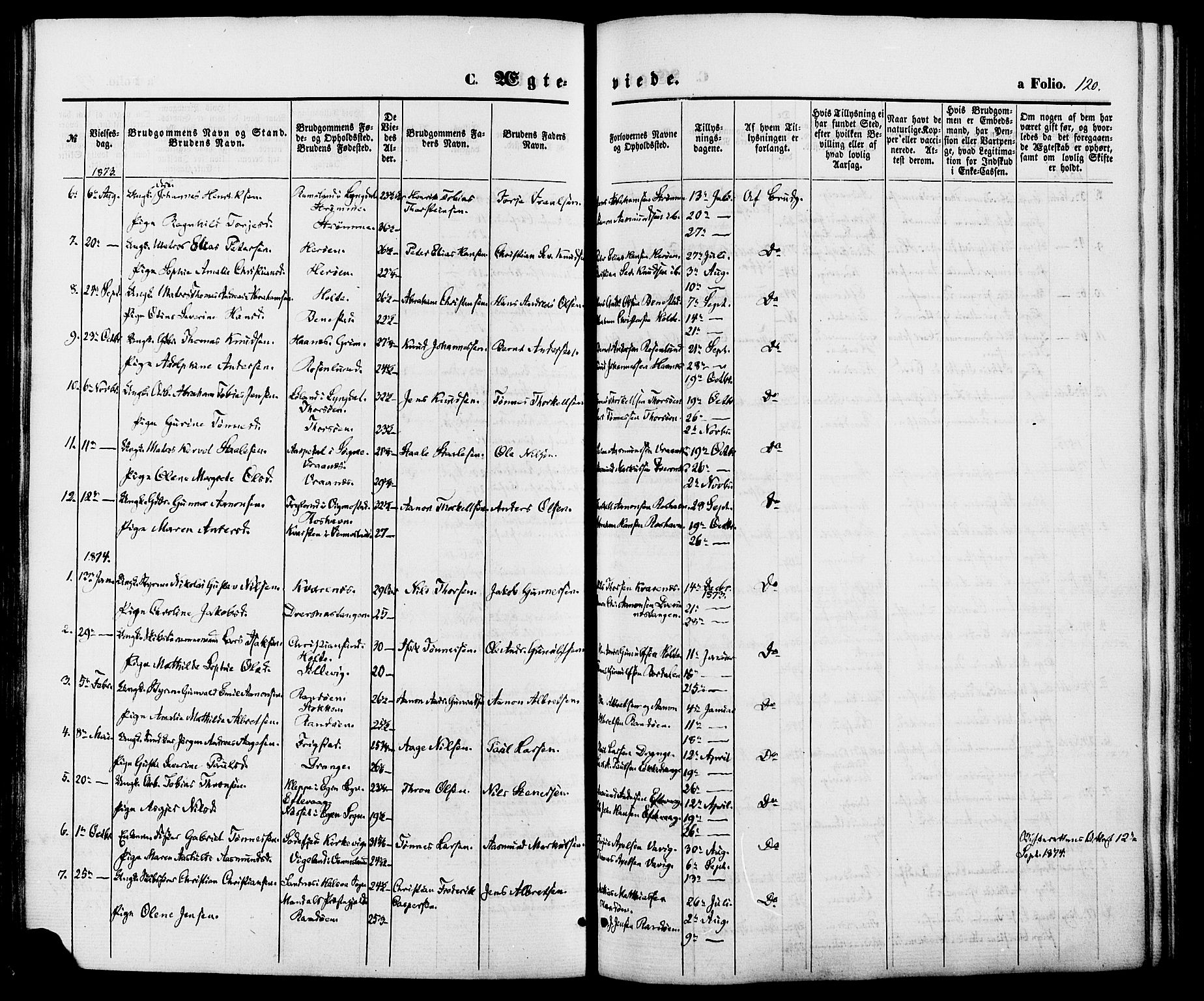 Oddernes sokneprestkontor, AV/SAK-1111-0033/F/Fa/Fab/L0001: Parish register (official) no. A 1, 1865-1884, p. 120