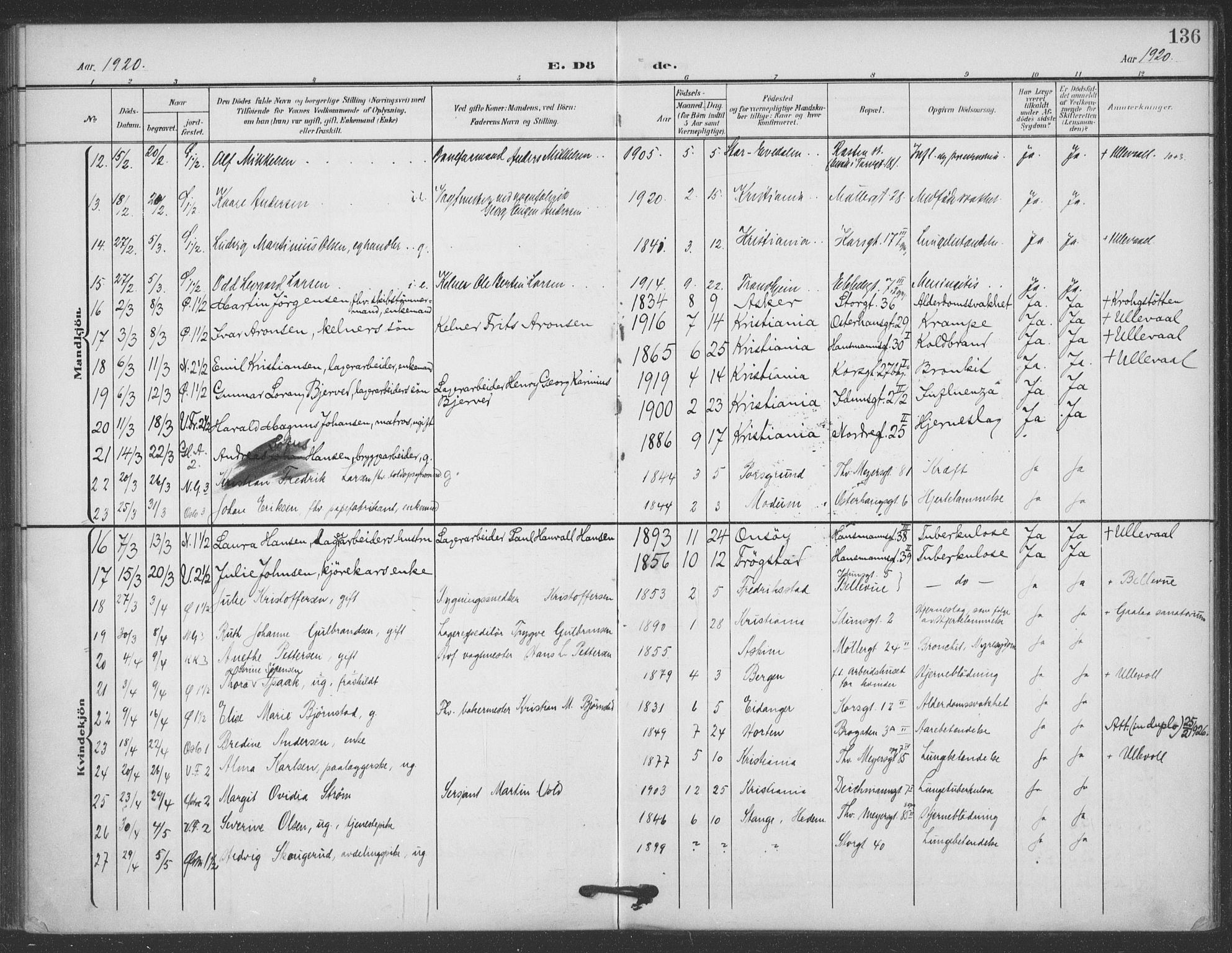 Jakob prestekontor Kirkebøker, SAO/A-10850/F/Fa/L0011: Parish register (official) no. 11, 1906-1920, p. 136