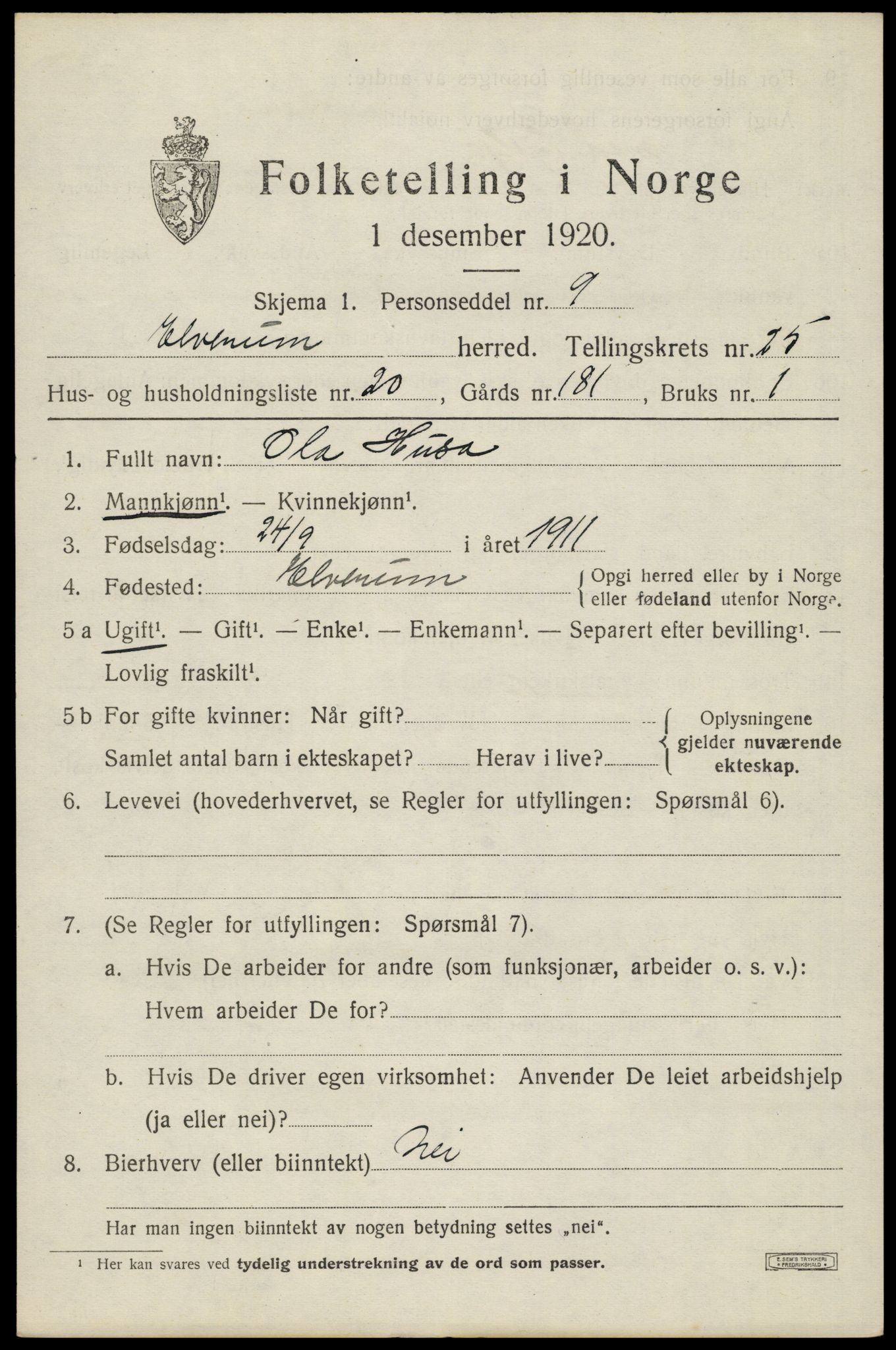 SAH, 1920 census for Elverum, 1920, p. 26454