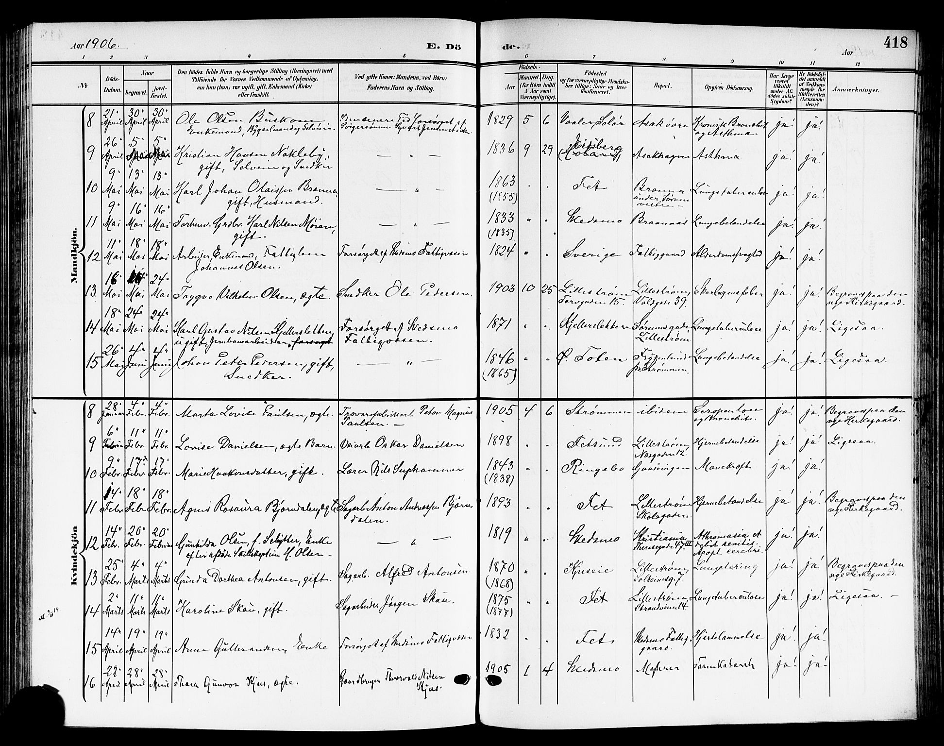Skedsmo prestekontor Kirkebøker, AV/SAO-A-10033a/G/Ga/L0005b: Parish register (copy) no. I 5B, 1902-1911, p. 418