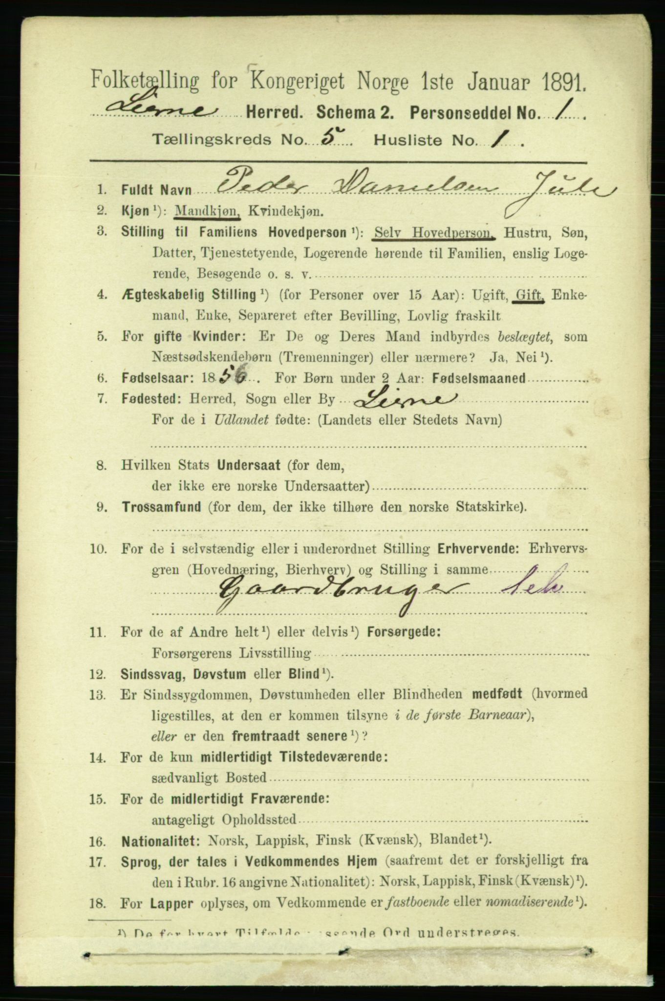 RA, 1891 census for 1737 Lierne, 1891, p. 1427