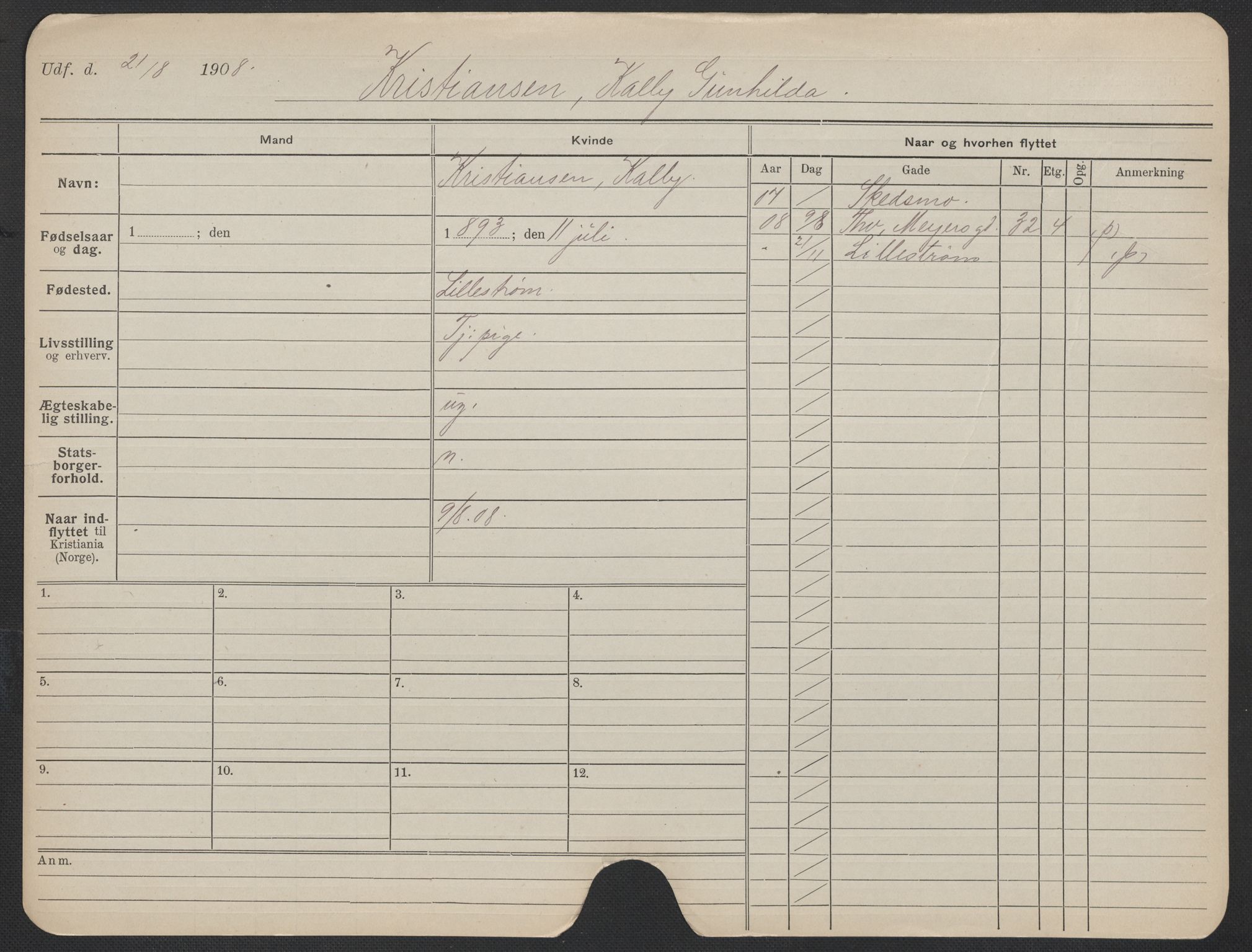 Oslo folkeregister, Registerkort, AV/SAO-A-11715/F/Fa/Fac/L0019: Kvinner, 1906-1914, p. 332a