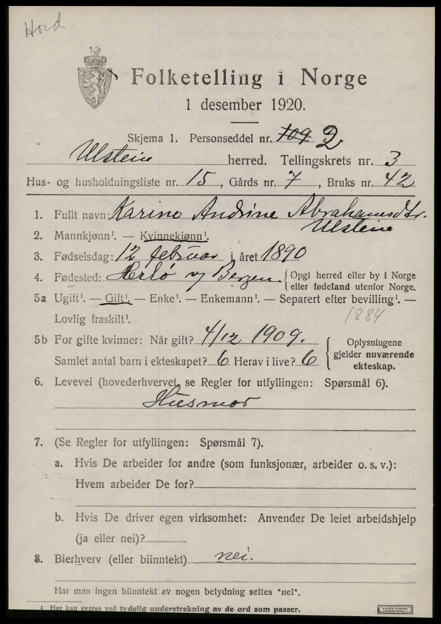 SAT, 1920 census for Ulstein, 1920, p. 1838