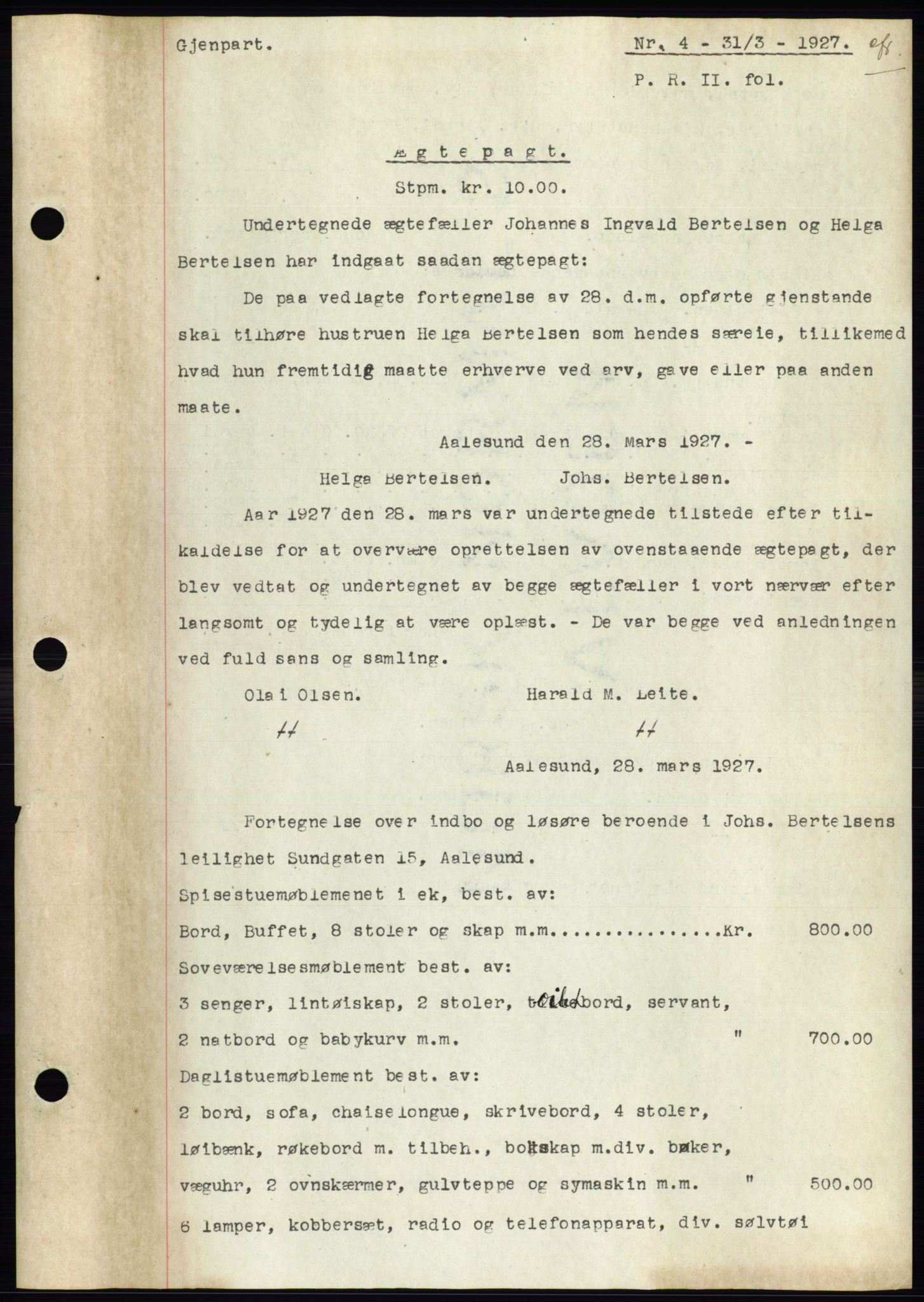 Ålesund byfogd, AV/SAT-A-4384: Mortgage book no. 21, 1926-1927, Deed date: 31.03.1927