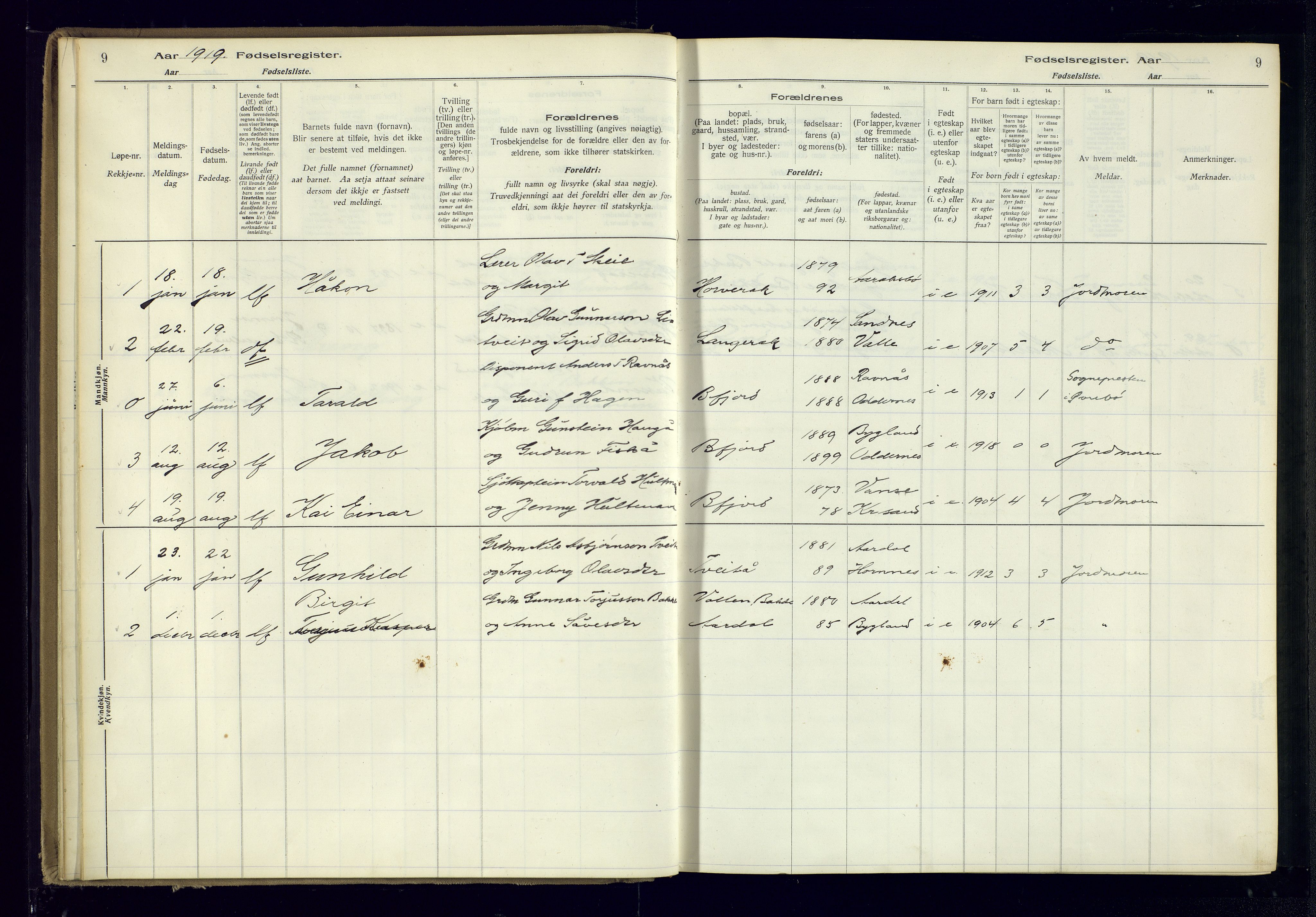 Bygland sokneprestkontor, AV/SAK-1111-0006/J/Ja/L0004: Birth register no. II.4.5, 1916-1983, p. 9