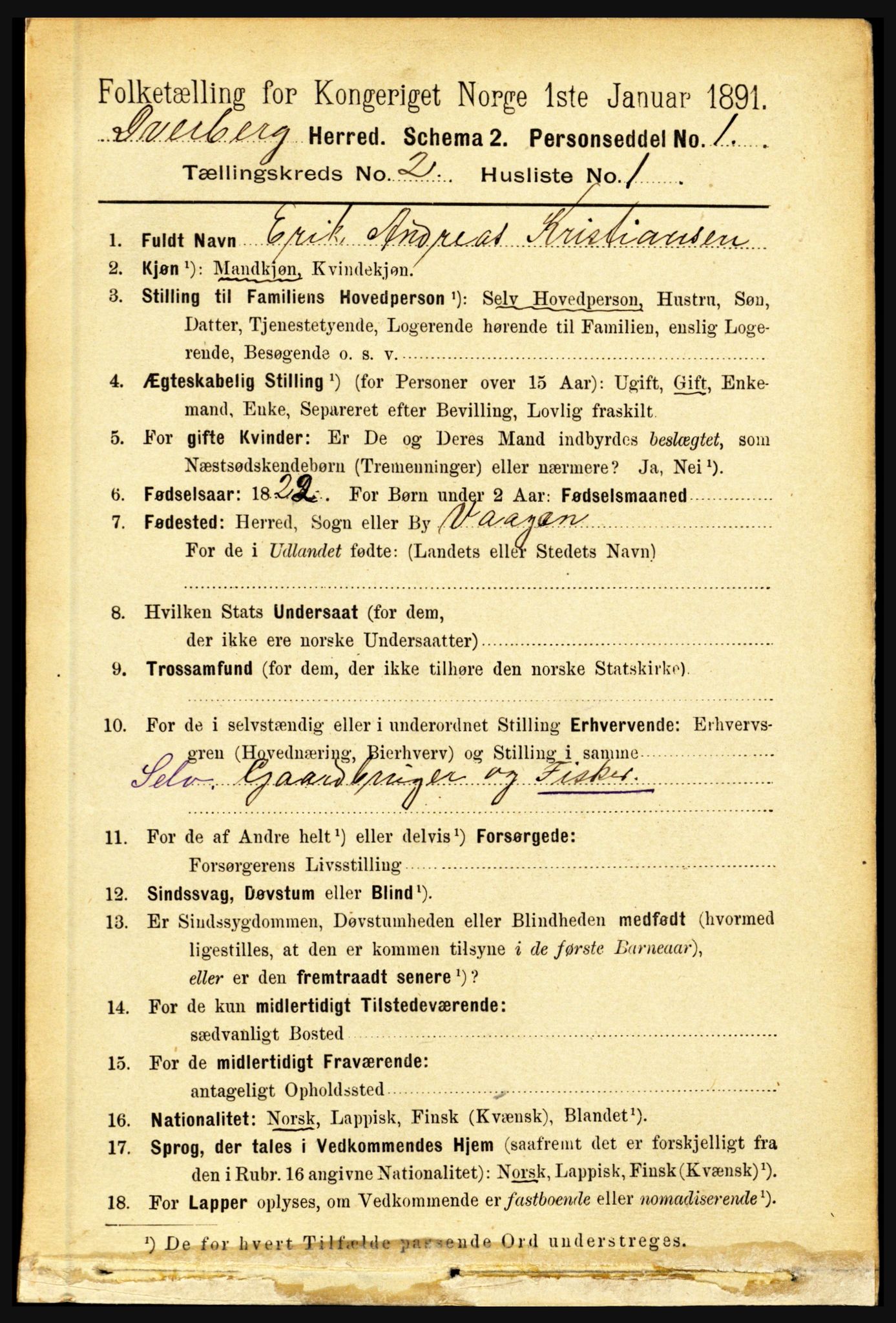 RA, 1891 census for 1872 Dverberg, 1891, p. 626