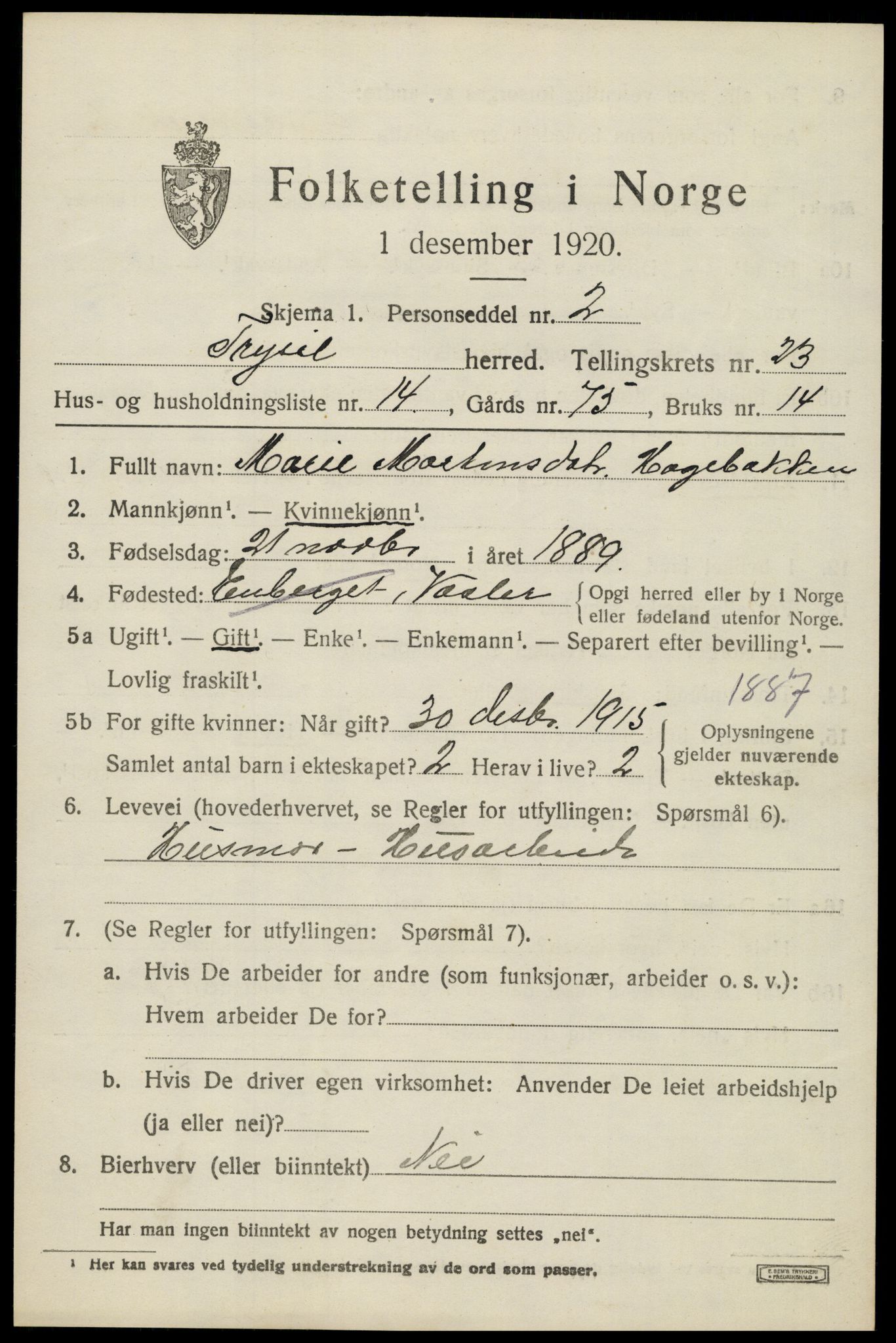 SAH, 1920 census for Trysil, 1920, p. 14995