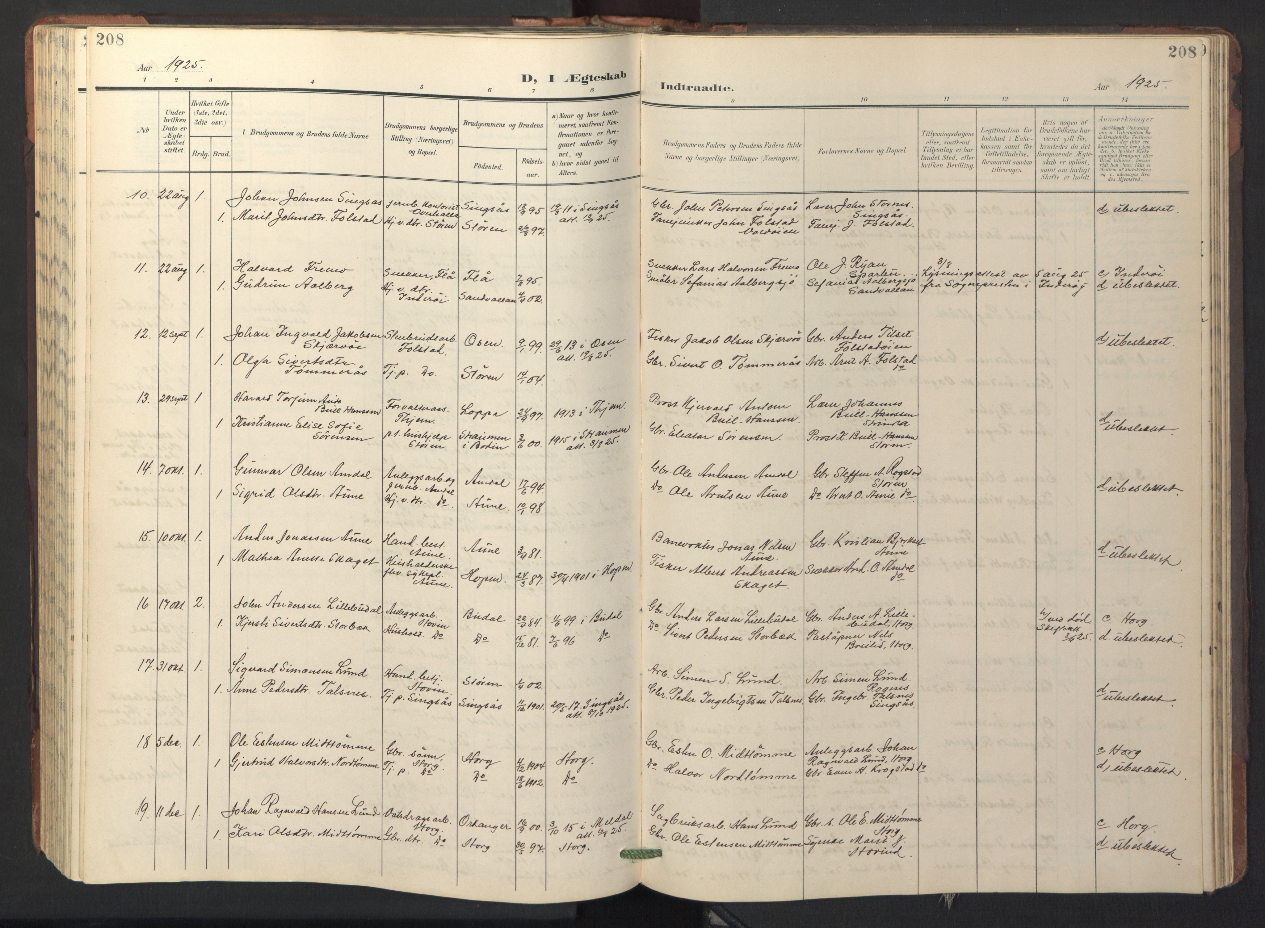 Ministerialprotokoller, klokkerbøker og fødselsregistre - Sør-Trøndelag, SAT/A-1456/687/L1019: Parish register (copy) no. 687C03, 1904-1931, p. 208
