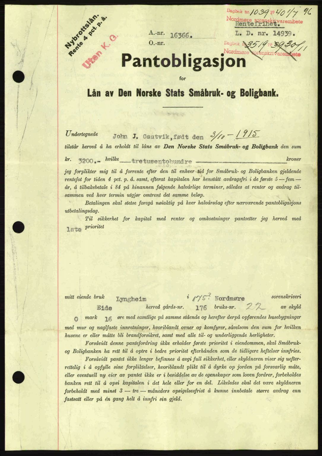 Nordmøre sorenskriveri, AV/SAT-A-4132/1/2/2Ca: Mortgage book no. B87, 1940-1941, Diary no: : 1039/1940