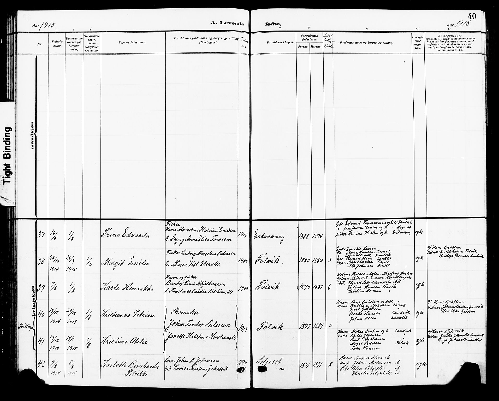 Ministerialprotokoller, klokkerbøker og fødselsregistre - Nordland, AV/SAT-A-1459/805/L0110: Parish register (copy) no. 805C06, 1909-1924, p. 40