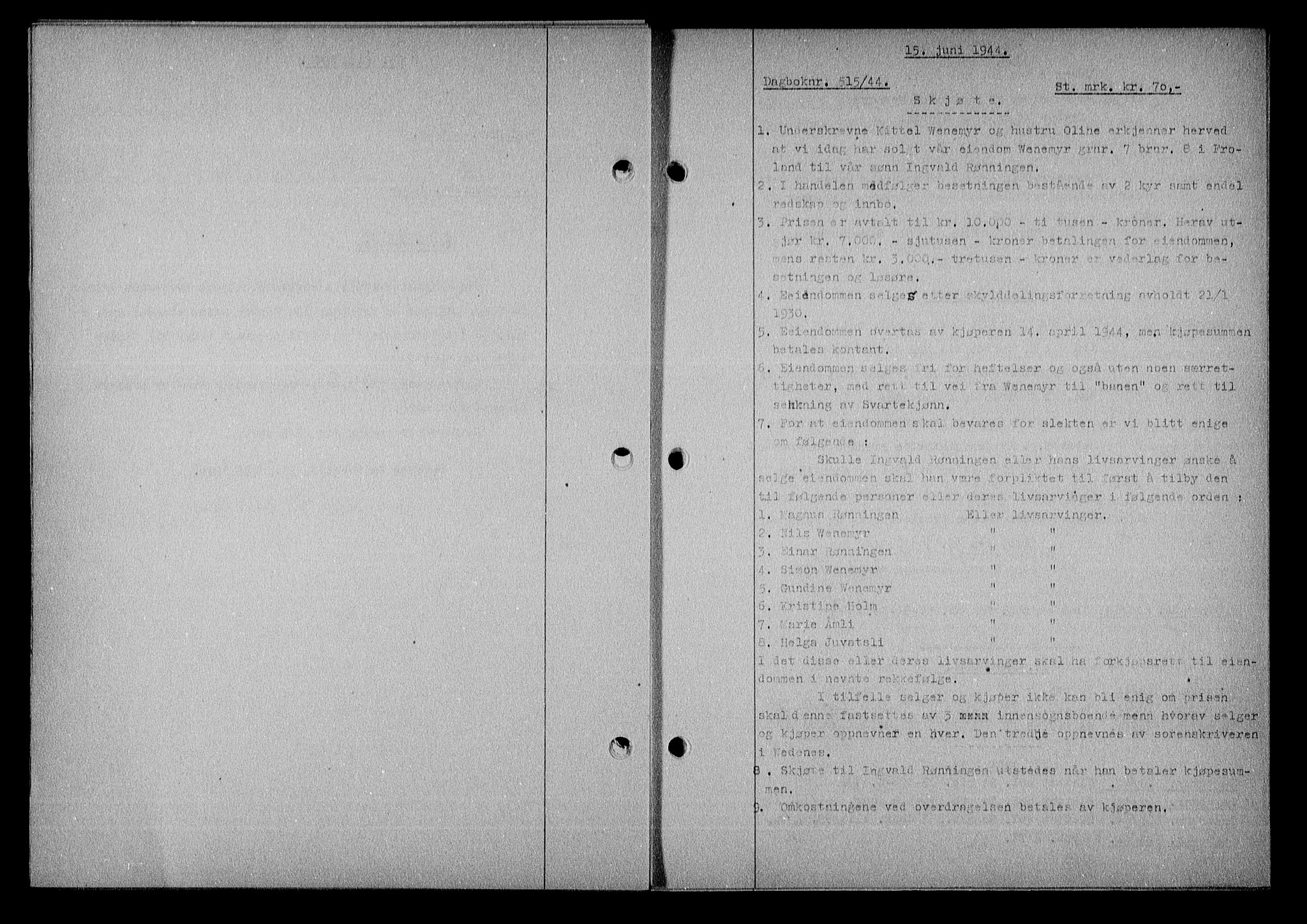 Nedenes sorenskriveri, SAK/1221-0006/G/Gb/Gba/L0051: Mortgage book no. A-V, 1943-1944, Diary no: : 515/1944