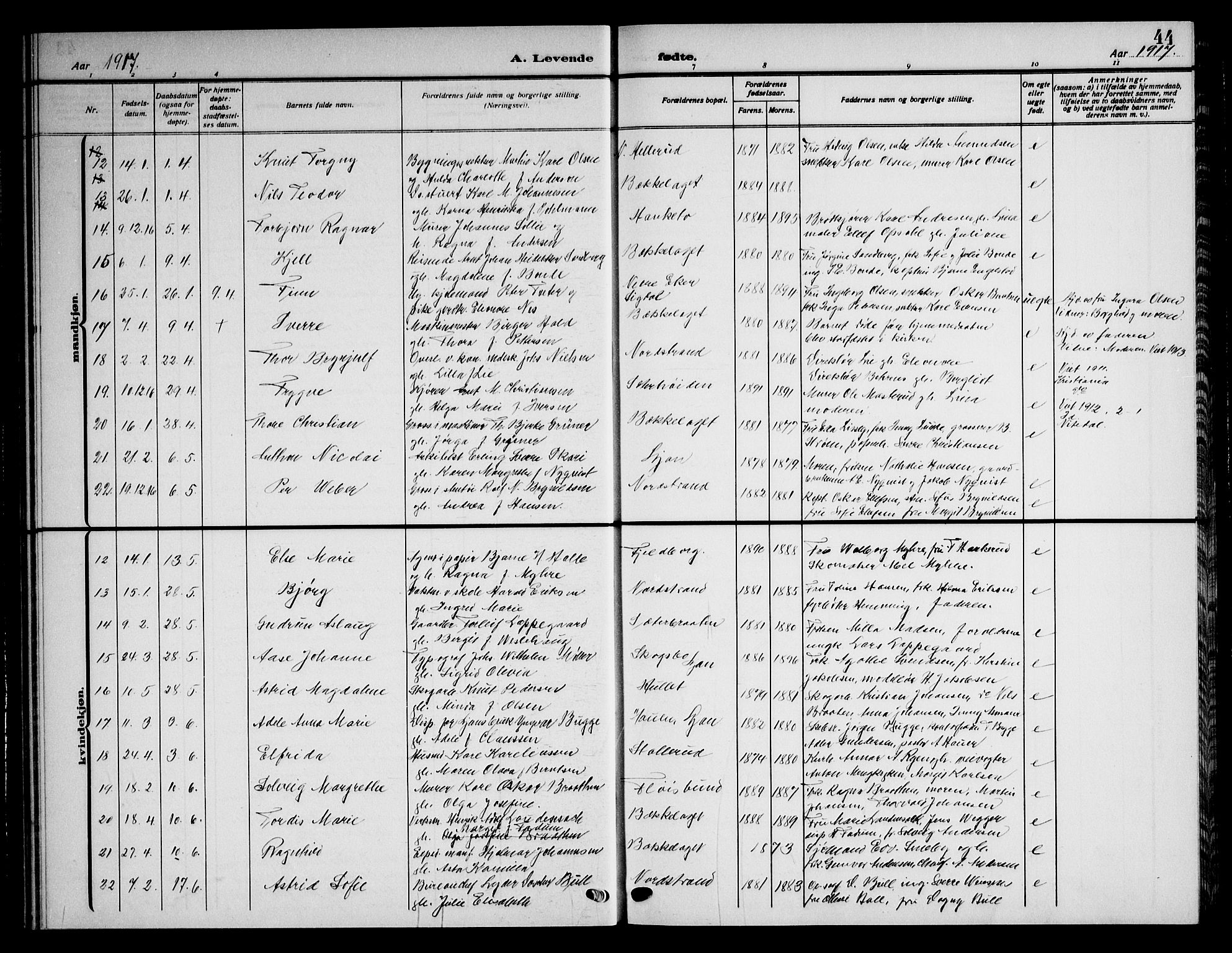 Nordstrand prestekontor Kirkebøker, AV/SAO-A-10362a/G/Ga/L0001: Parish register (copy) no. I 1, 1911-1918, p. 44