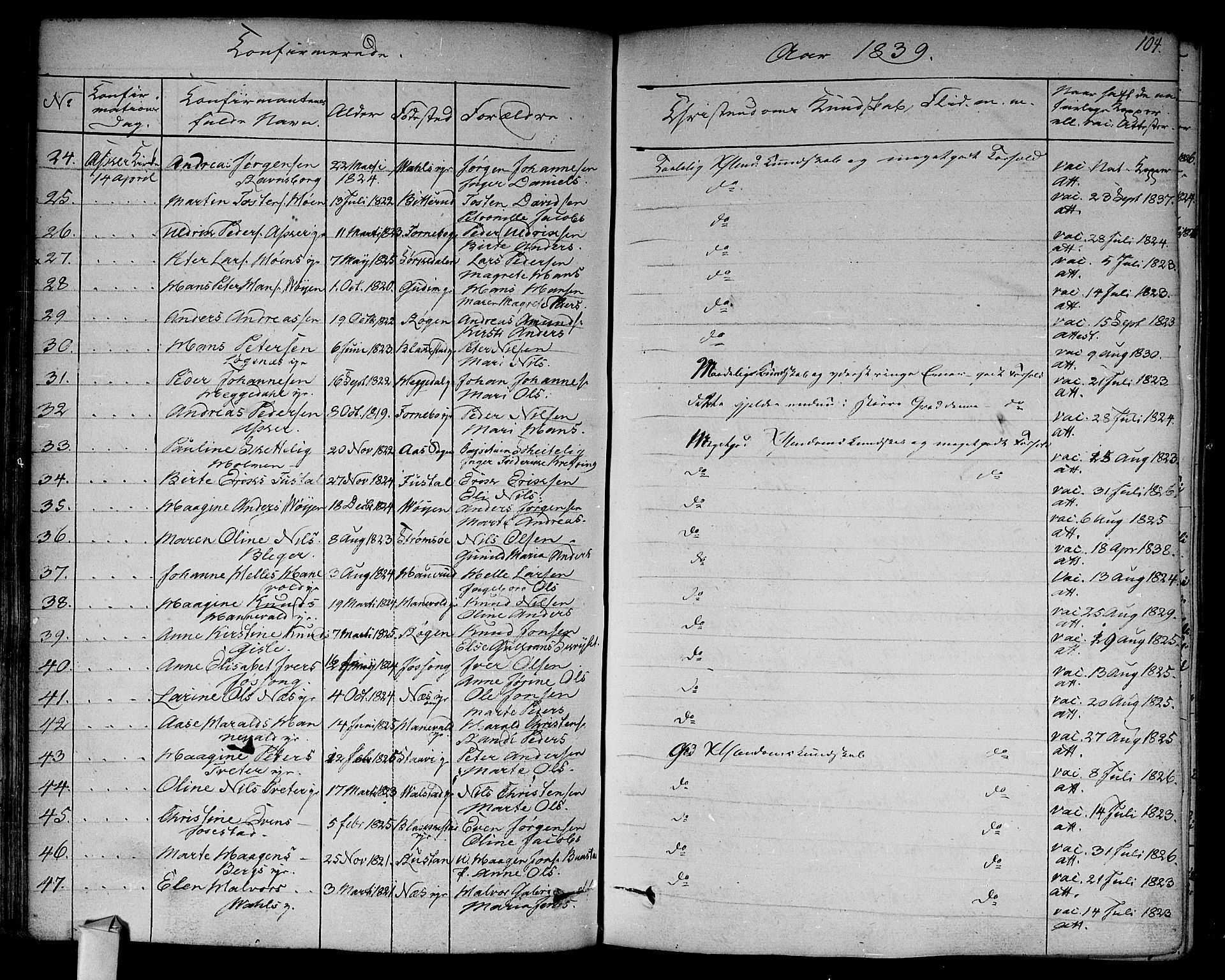 Asker prestekontor Kirkebøker, SAO/A-10256a/F/Fa/L0009: Parish register (official) no. I 9, 1825-1878, p. 104