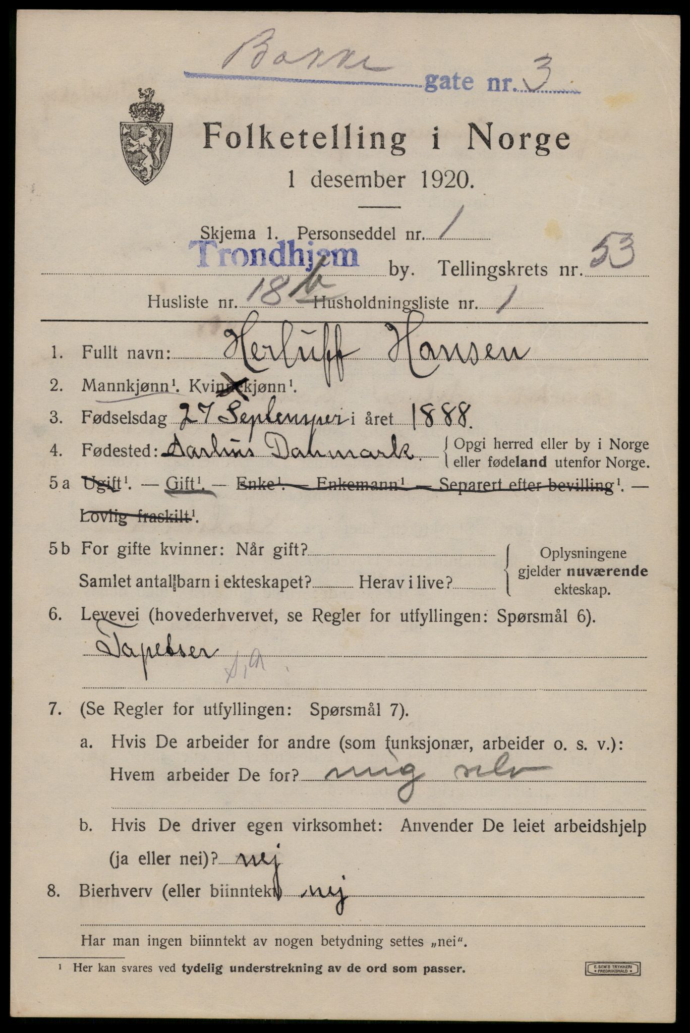 SAT, 1920 census for Trondheim, 1920, p. 109172