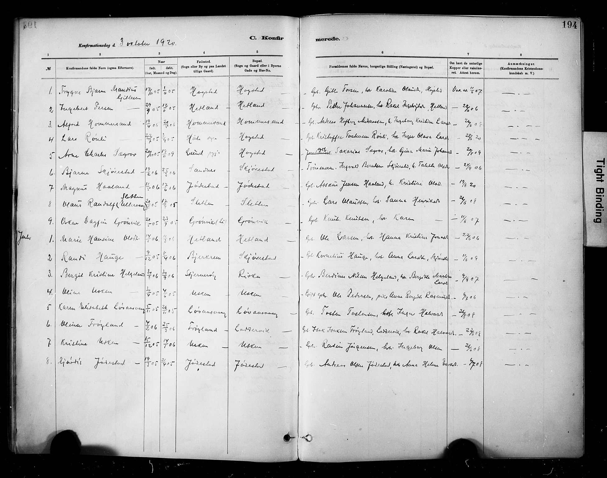 Hetland sokneprestkontor, SAST/A-101826/30/30BA/L0010: Parish register (official) no. A 10, 1882-1925, p. 194