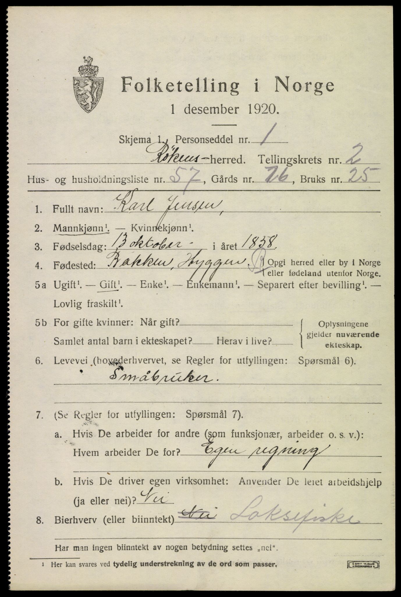 SAKO, 1920 census for Røyken, 1920, p. 3622