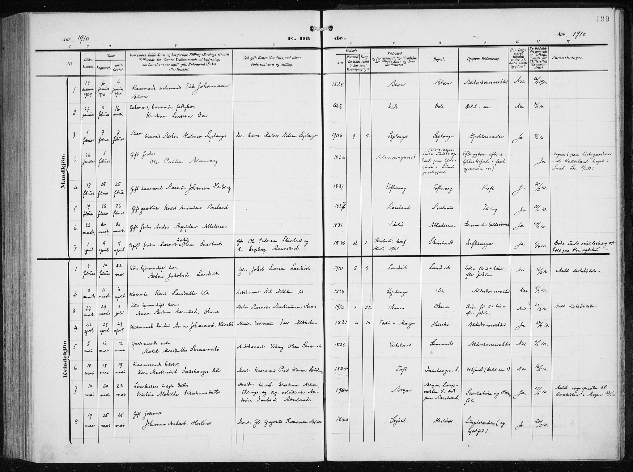 Herdla Sokneprestembete, AV/SAB-A-75701/H/Haa: Parish register (official) no. A 5, 1905-1918, p. 199