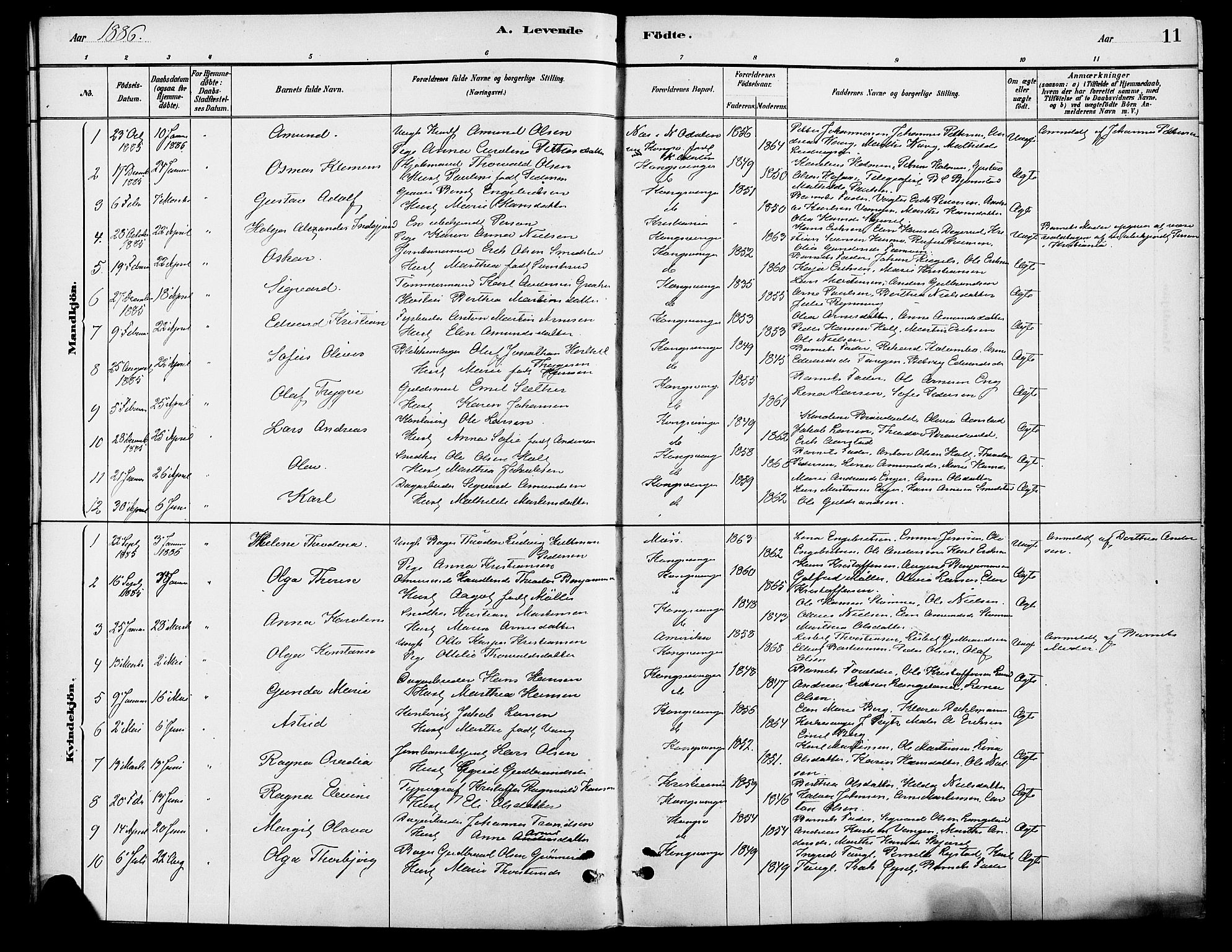 Vinger prestekontor, SAH/PREST-024/H/Ha/Haa/L0013: Parish register (official) no. 13, 1881-1897, p. 11