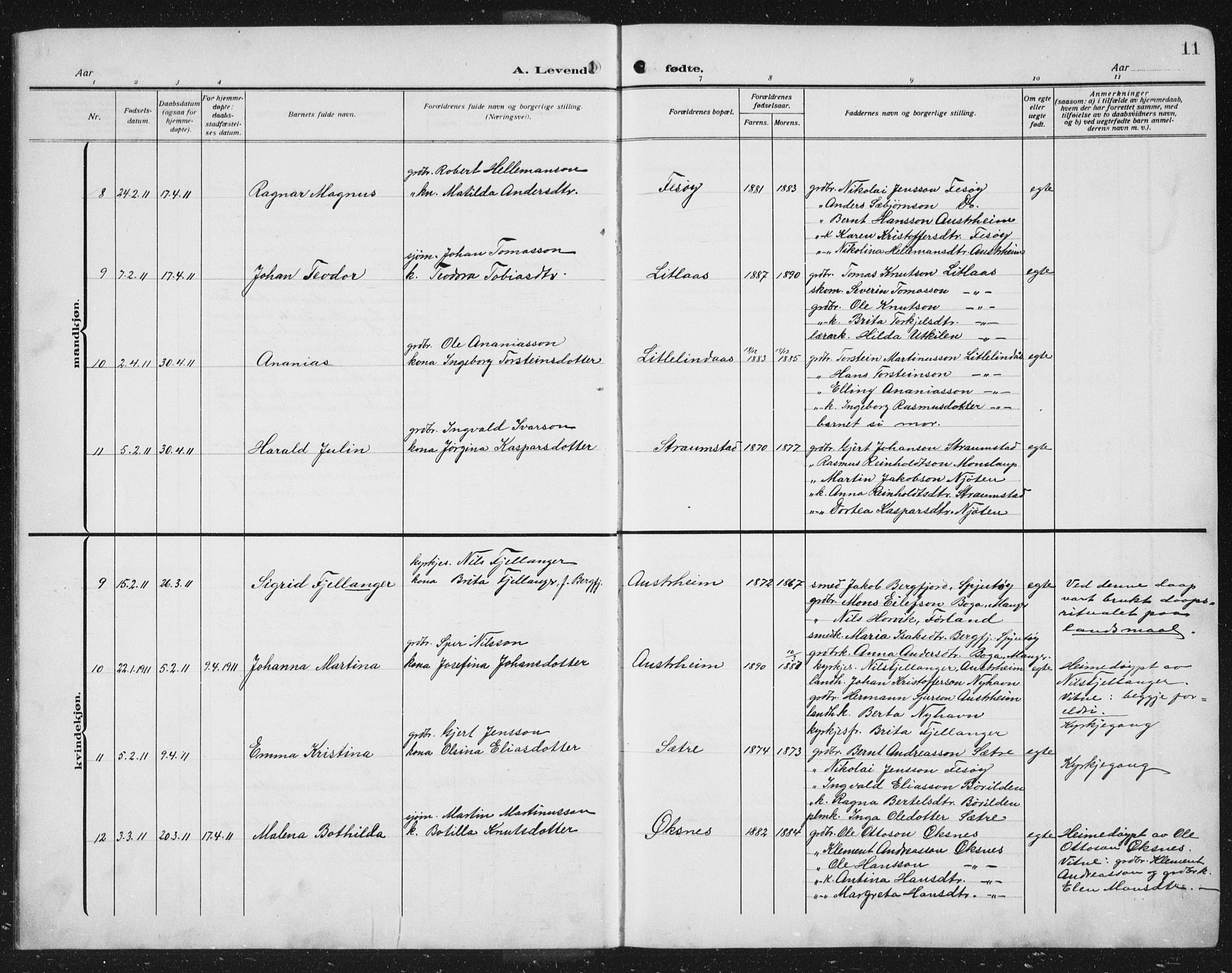 Lindås Sokneprestembete, AV/SAB-A-76701/H/Hab: Parish register (copy) no. C 5, 1910-1927, p. 11