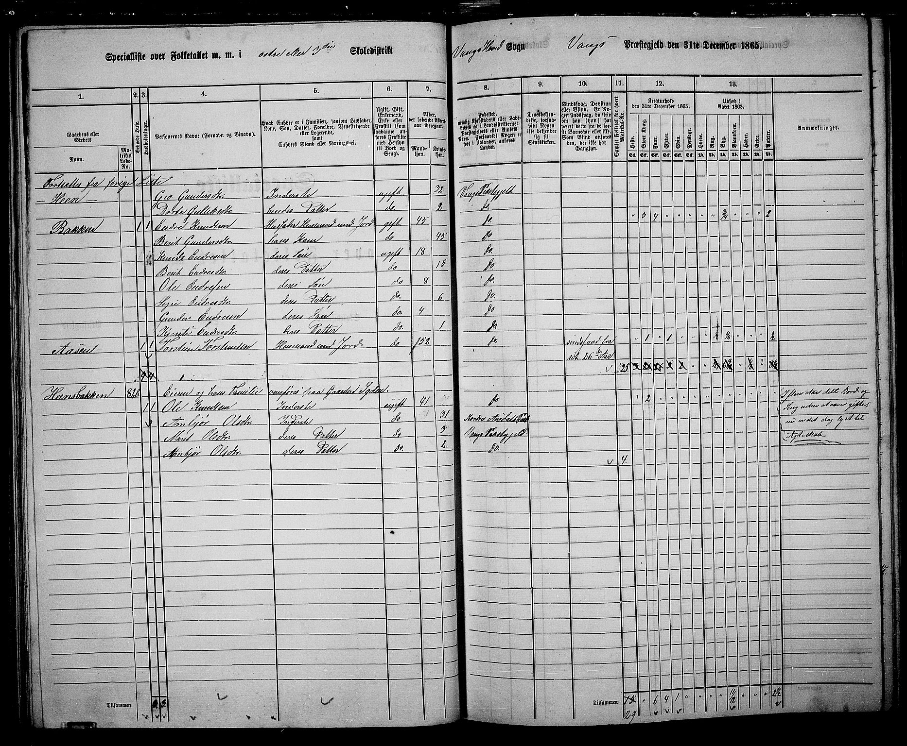 RA, 1865 census for Vang, 1865, p. 61