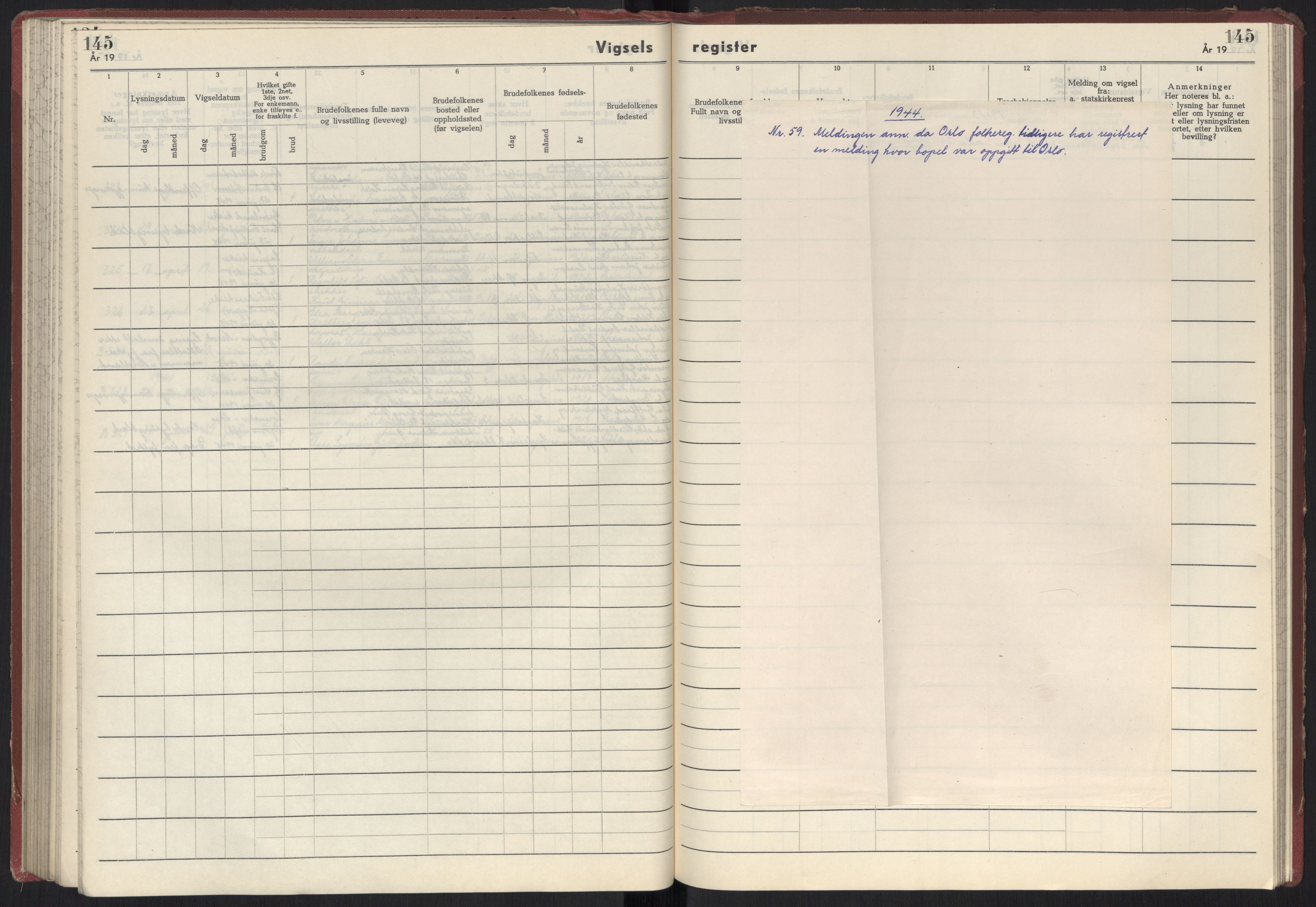 Oslo folkeregister, AV/SAO-A-10991/G/Ga/L0002: Vigselsregister for Aker, 1942-1945, p. 145