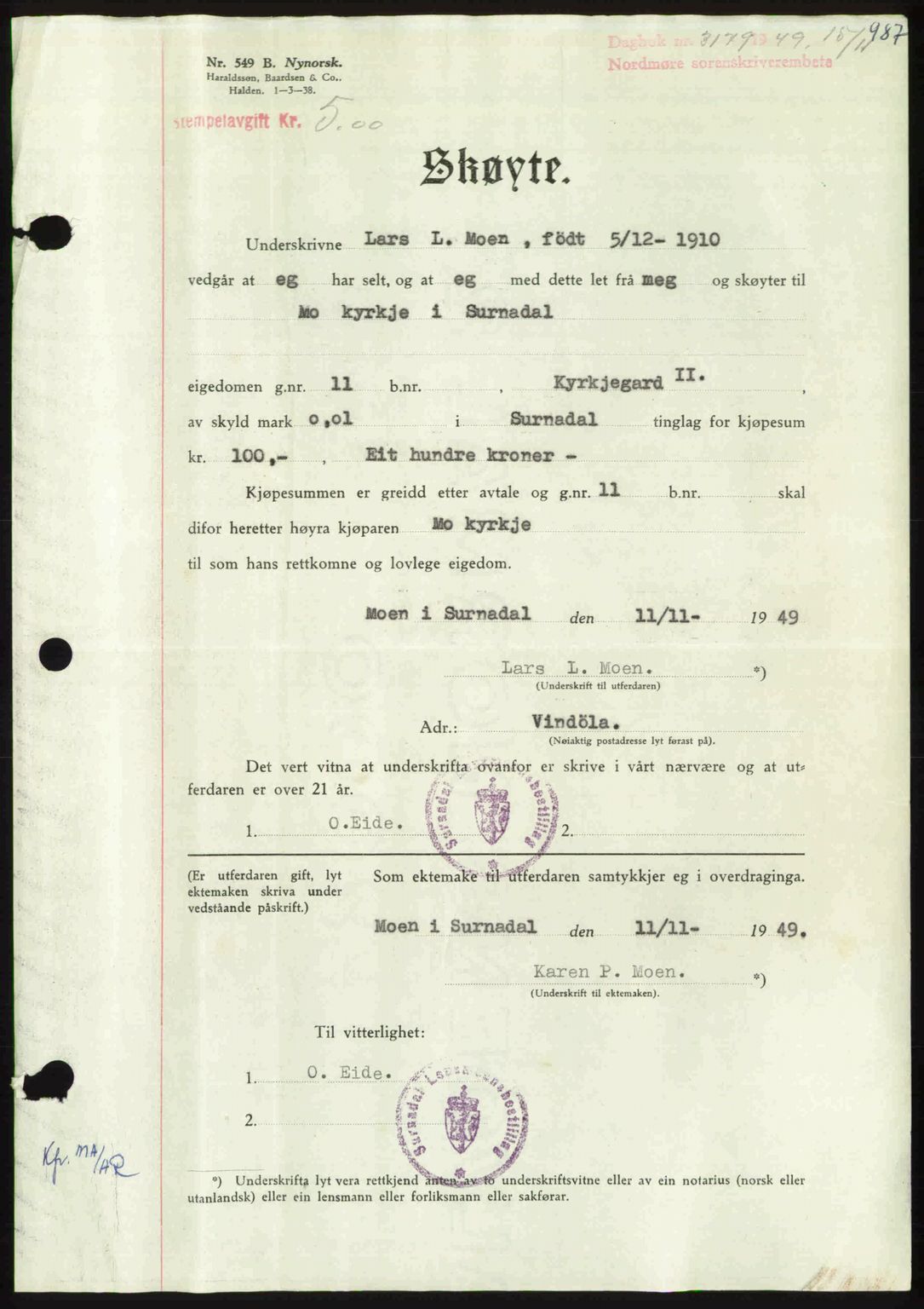 Nordmøre sorenskriveri, AV/SAT-A-4132/1/2/2Ca: Mortgage book no. A112, 1949-1949, Diary no: : 3179/1949