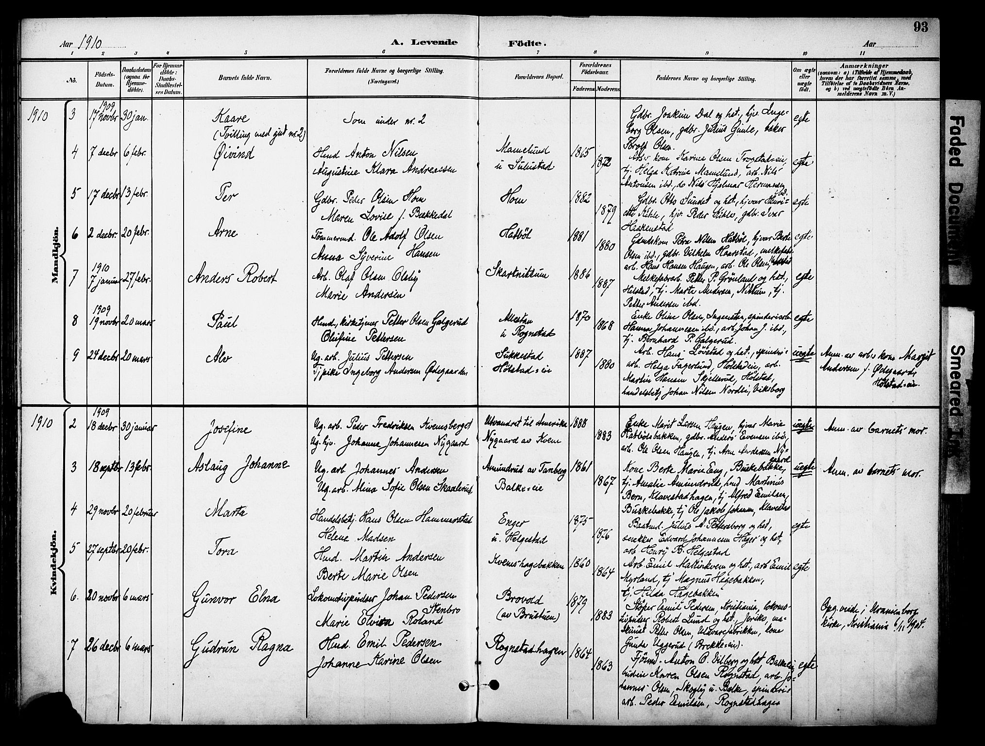 Østre Toten prestekontor, SAH/PREST-104/H/Ha/Haa/L0009: Parish register (official) no. 9, 1897-1913, p. 93