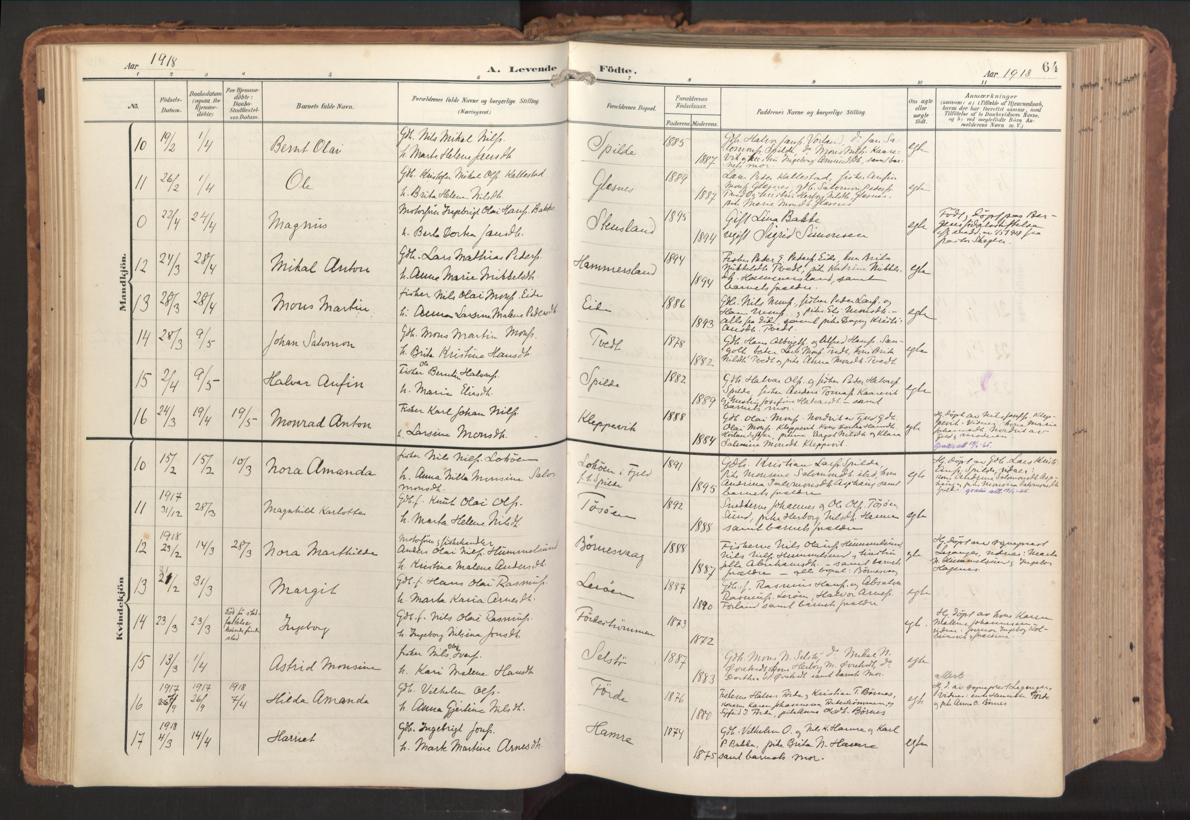 Sund sokneprestembete, AV/SAB-A-99930: Parish register (official) no. B 2, 1907-1926, p. 64