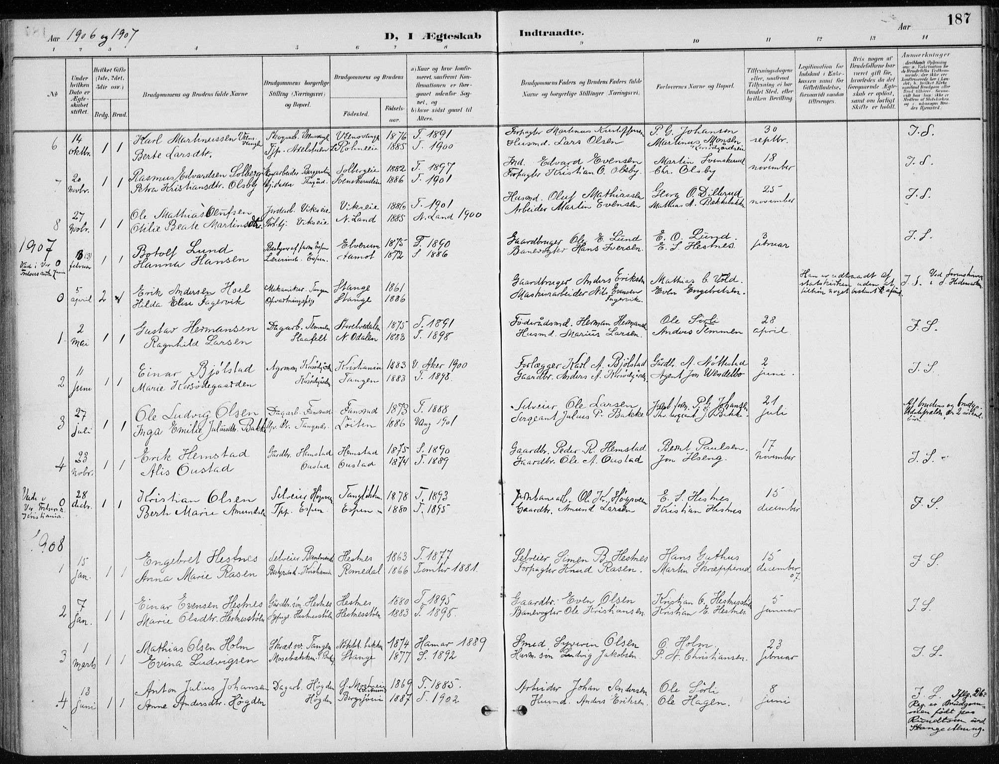 Stange prestekontor, AV/SAH-PREST-002/K/L0023: Parish register (official) no. 23, 1897-1920, p. 187