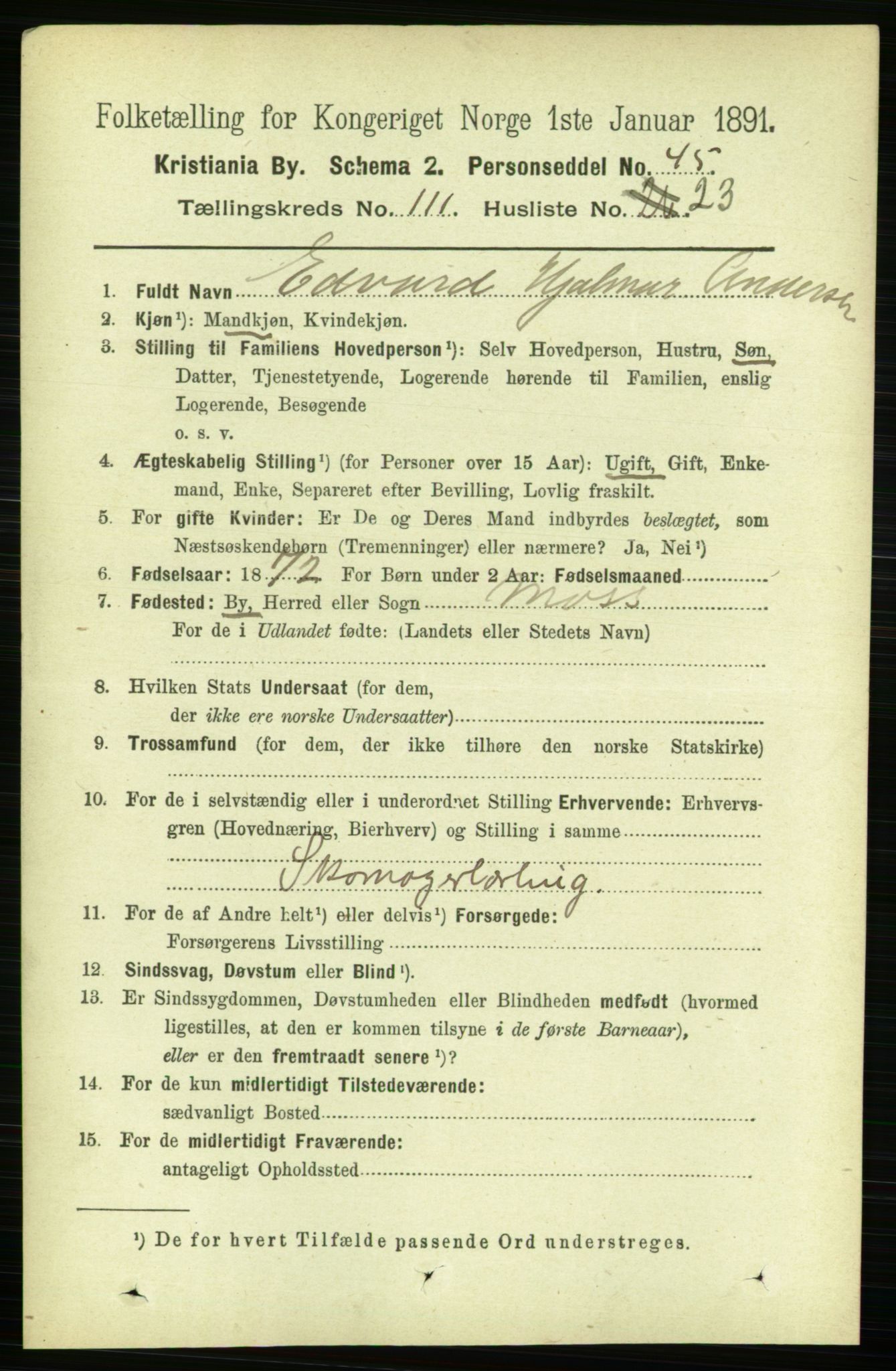 RA, 1891 census for 0301 Kristiania, 1891, p. 58445